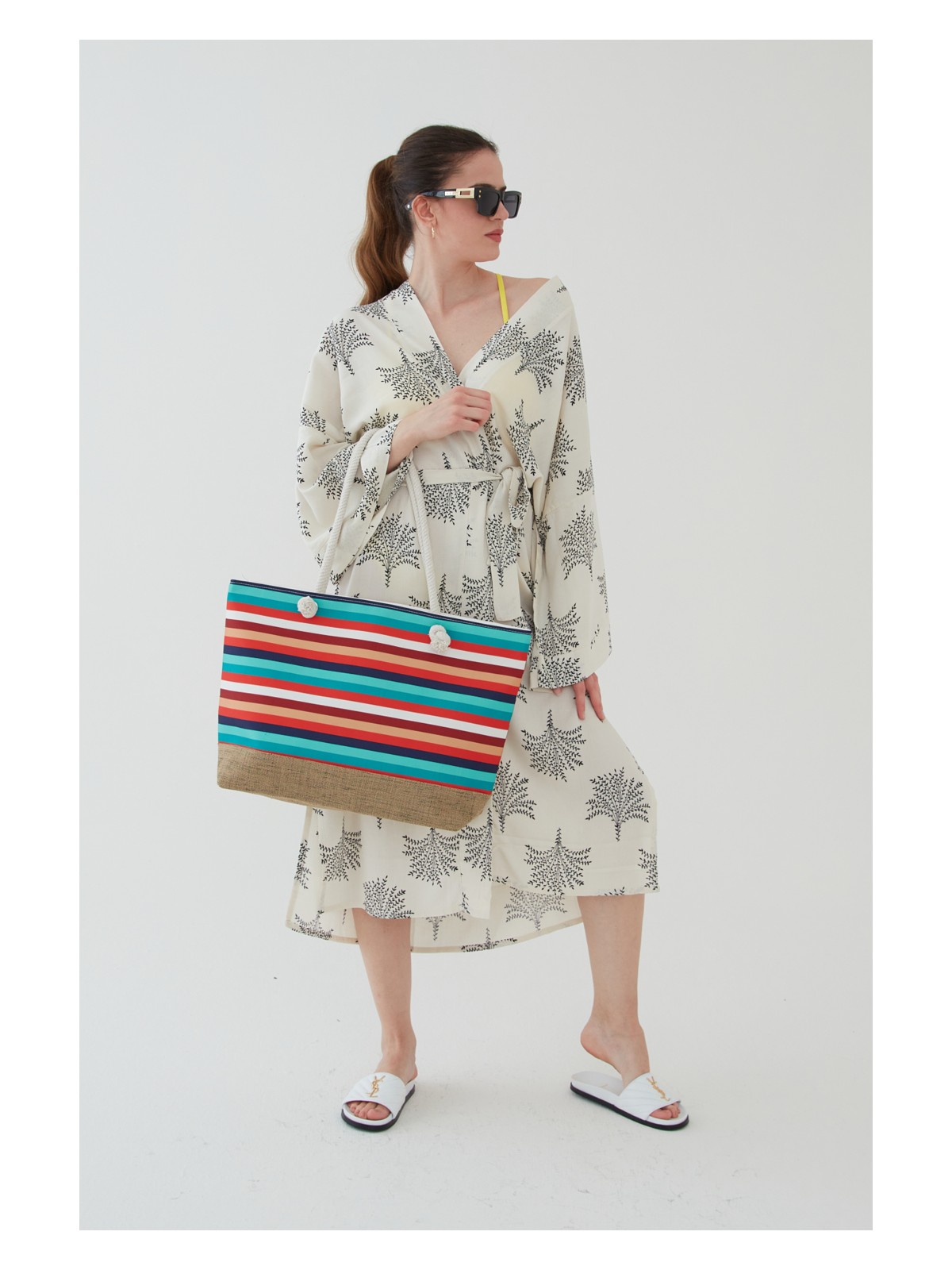 Rosso Collina Kadın Deniz Plaj Çantası Çok Renkli Fermuarlı - Görsel 5