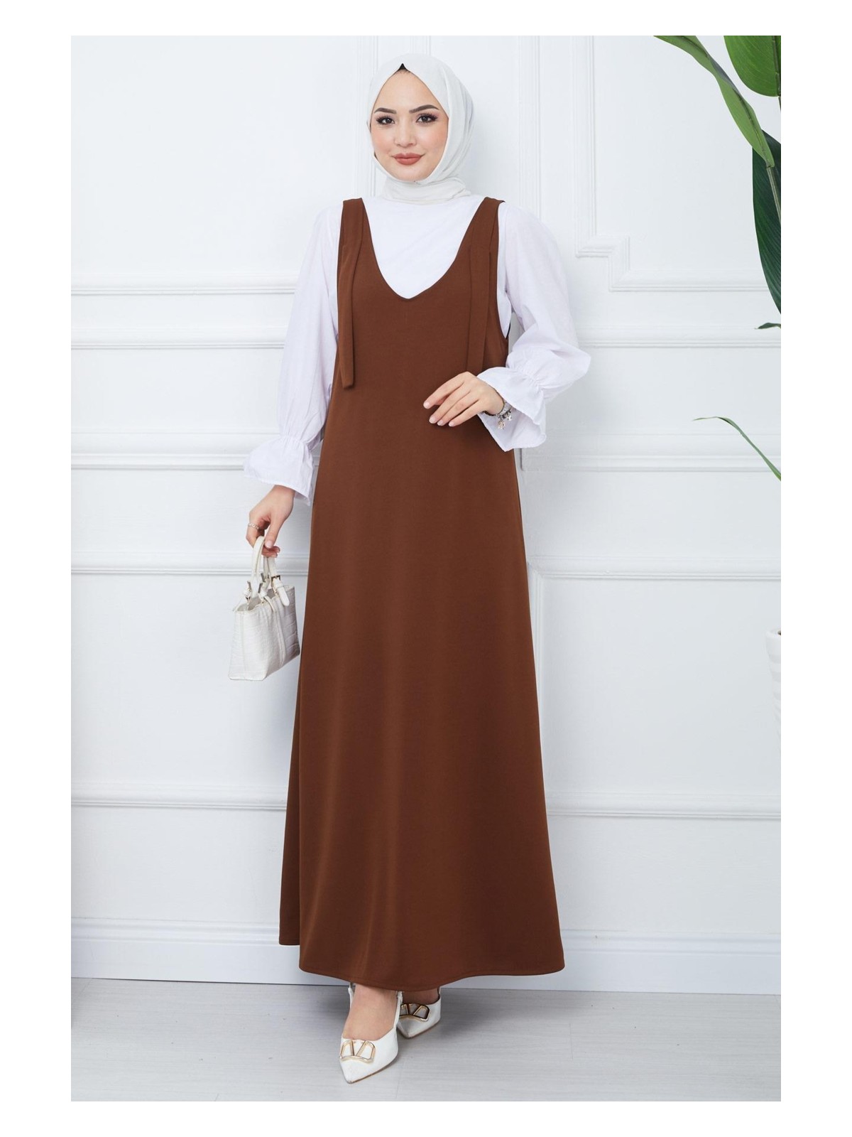 Hafsa Mina Nehir Örme Jile Elbise Kahverengi HM2389