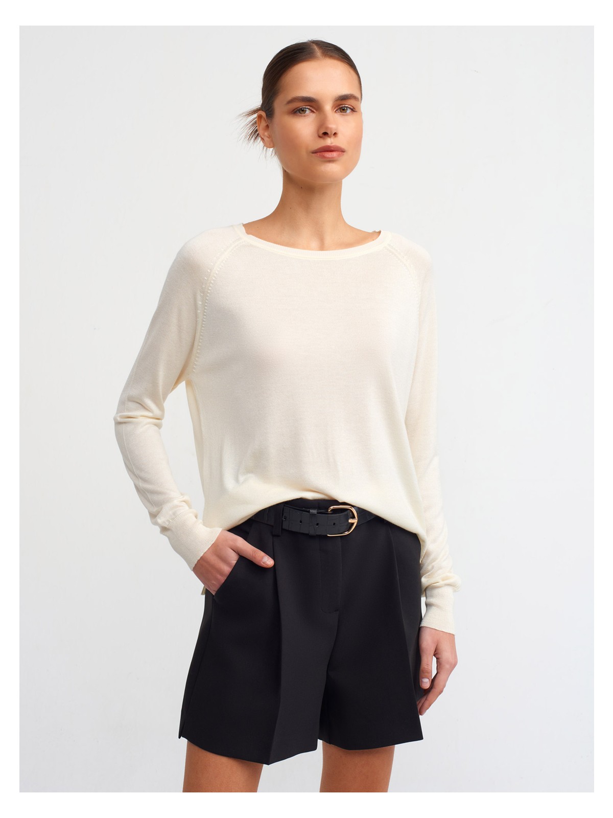 Dilvin 10536 Bisiklet Yaka Basic Ince Triko Kazak-Füme - Görsel 4