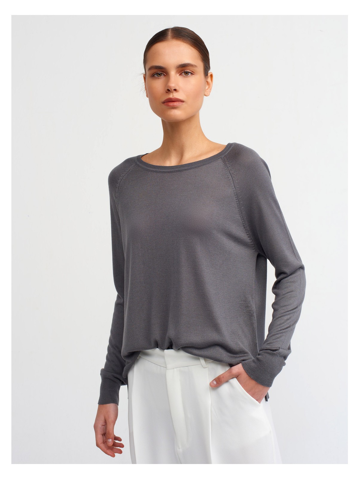 Dilvin 10536 Bisiklet Yaka Basic Ince Triko Kazak-Füme