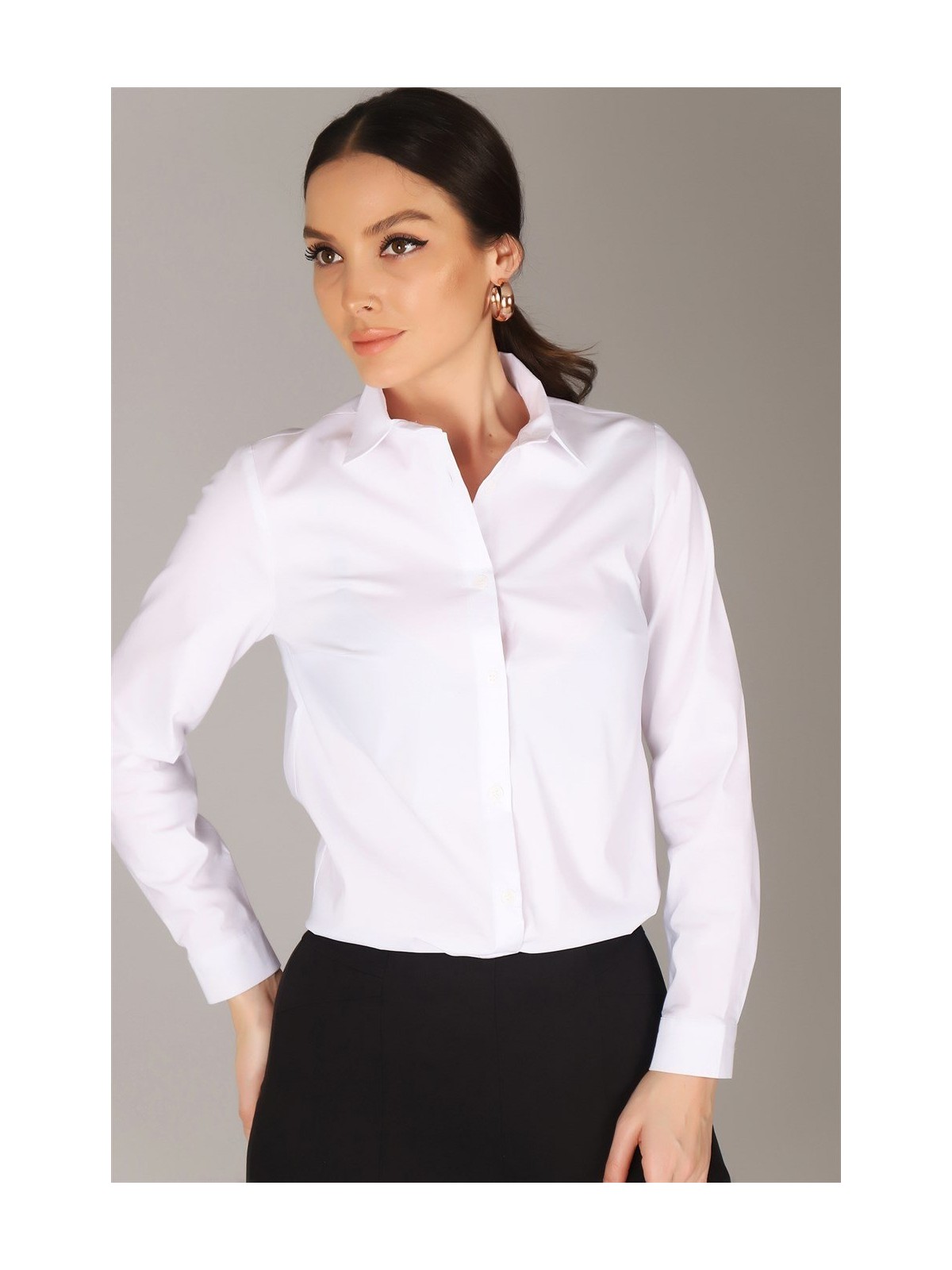 Sweetness Kadın Beyaz Likralı Uzun Kol Pamuklu Klasik Gömlek