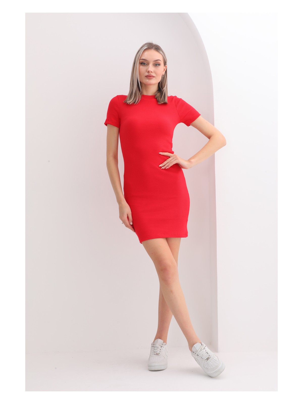 Kallima Pembe Vücuda Oturan Kısa Kollu Bisiklet Yaka Diz Üstü Mini Fitilli Esnek Kaşkorse Kalem Elbise - Görsel 8