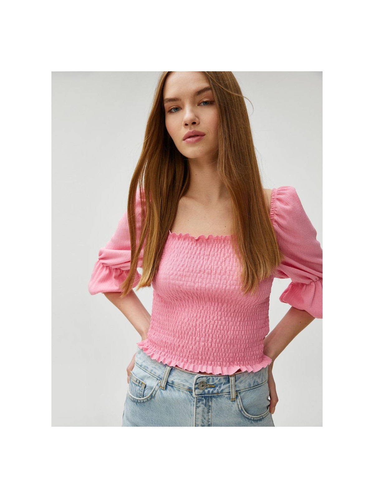 Koton Crop Tişört Gipeli Balon Kollu Kare Yaka - Görsel 7