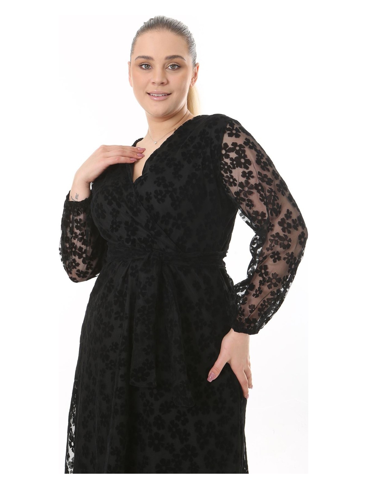 Modayız Kruvaze Yaka Büyük Beden Siyah Abiye Elbise 32A-2522