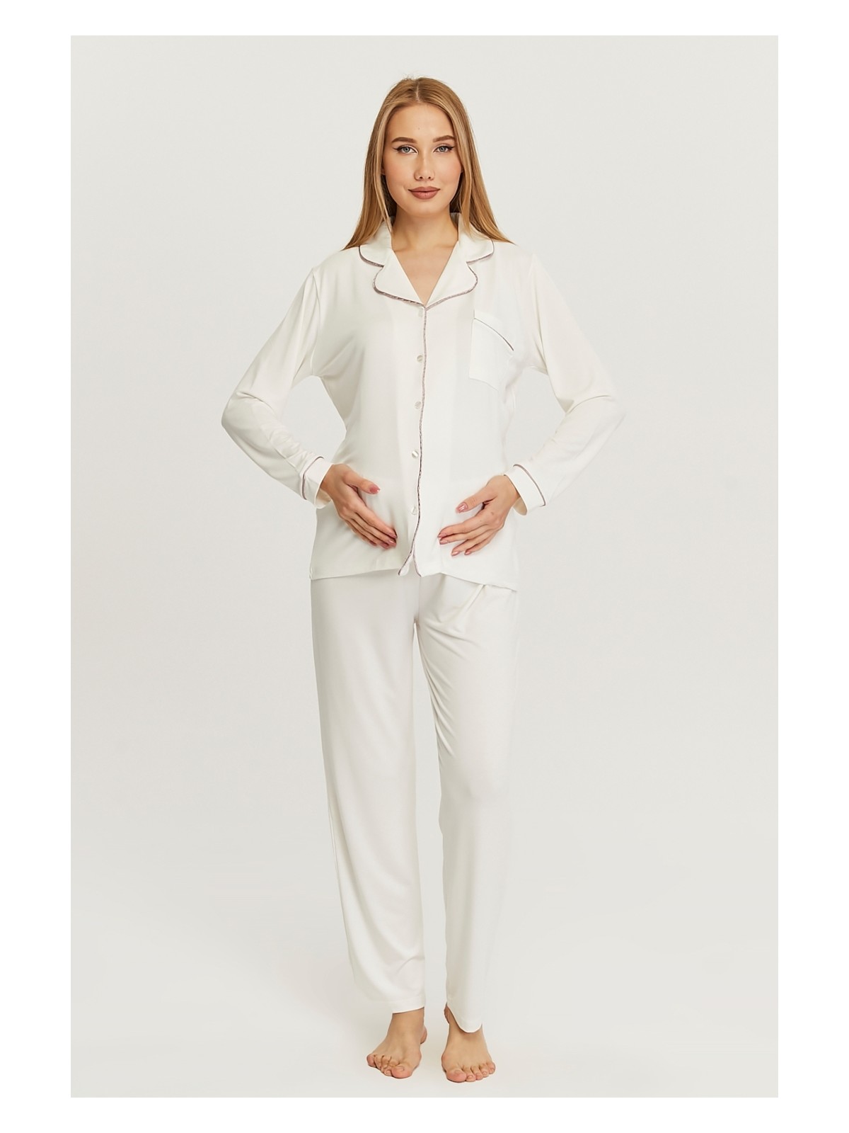 Likapa Önden Düğmeli Hamile Lohusa Uzun Kol Pijama Takımı - Görsel 3