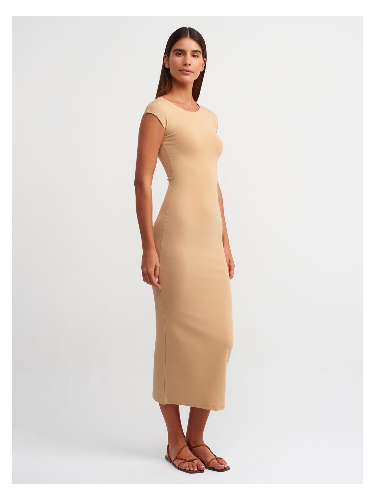 Dilvin 91097 Vücuda Oturan Elbise-Bej