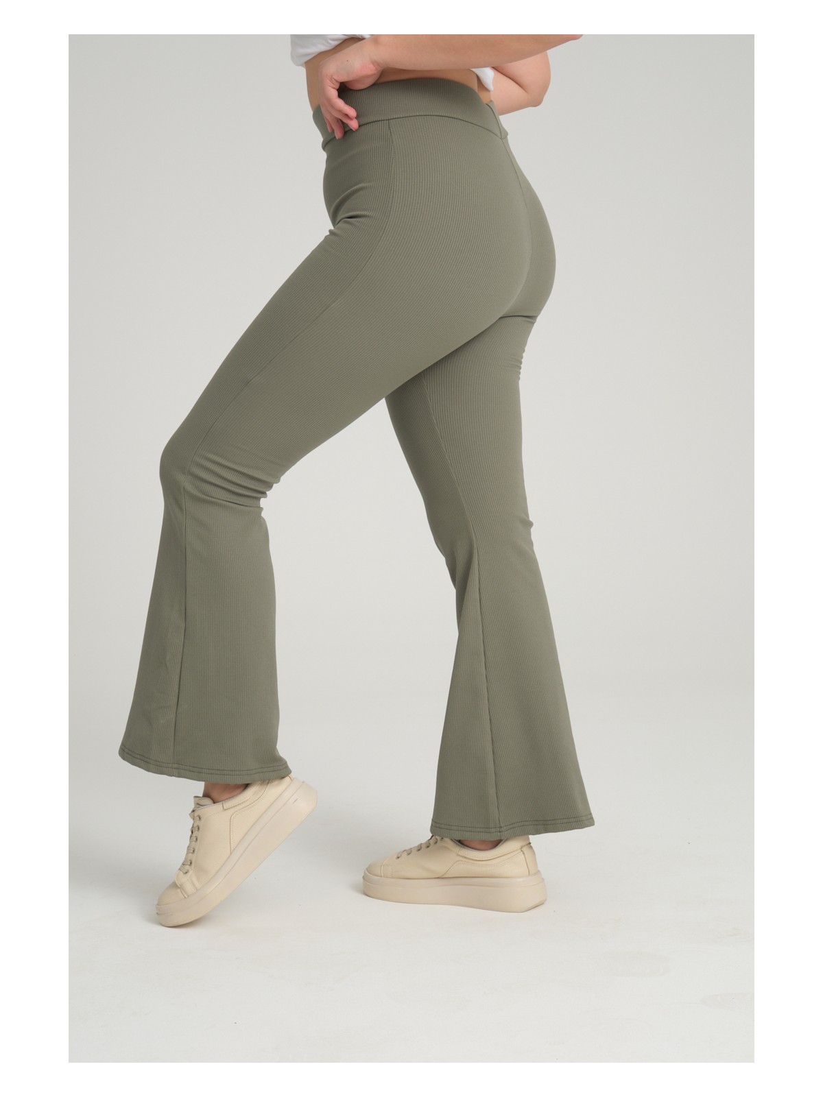 Banega Curve Büyük Beden Fitilli Ispanyol Paça Yüksek Bel Toparlayıcı Krem Tayt - Görsel 3