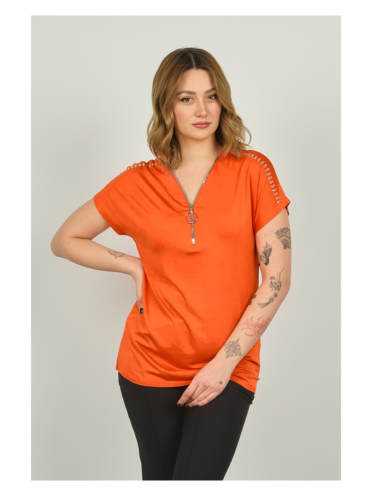 Ella Camelia Kadın Fermuarlı Kısa Kol Bluz 20E038 Oranj