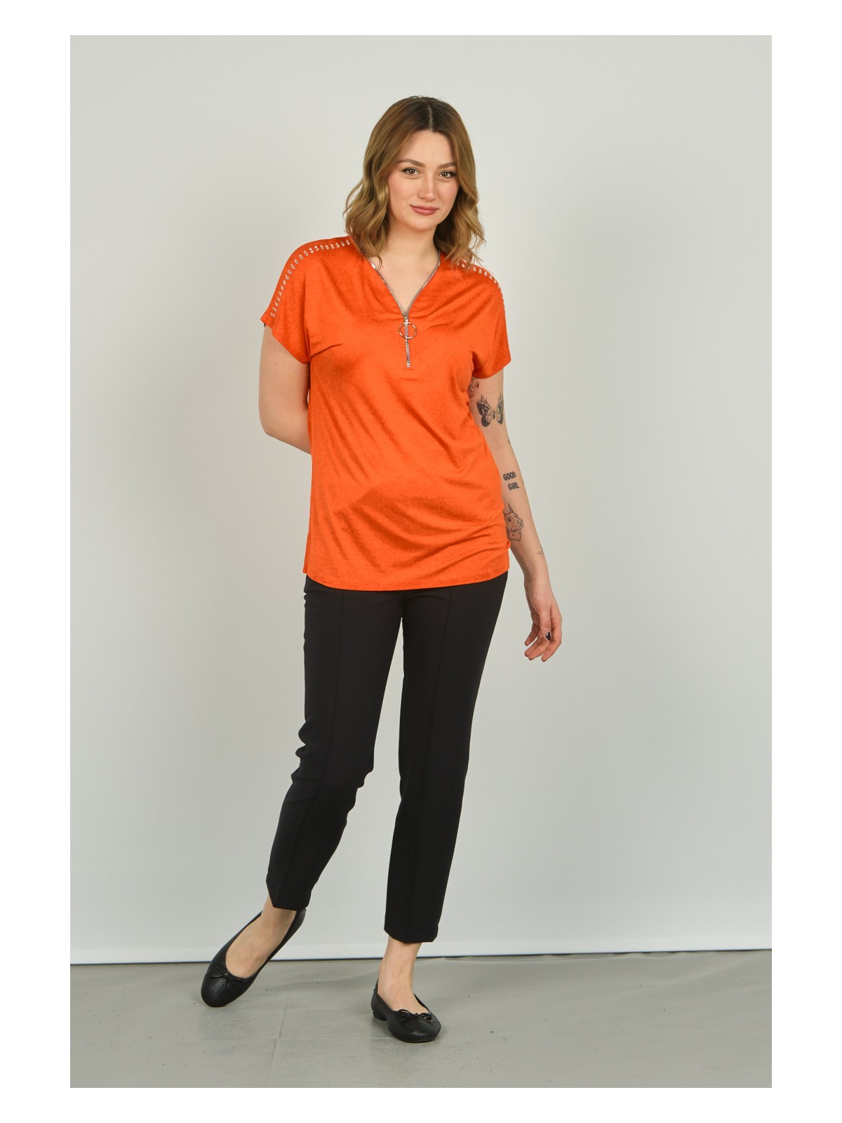 Ella Camelia Kadın Fermuarlı Kısa Kol Bluz 20E038 Oranj - Görsel 2