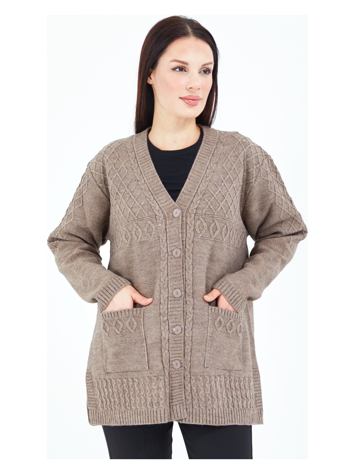 Stilmony Kadın Vizon Düğmeli Yün Anne Triko Kısa Hırka