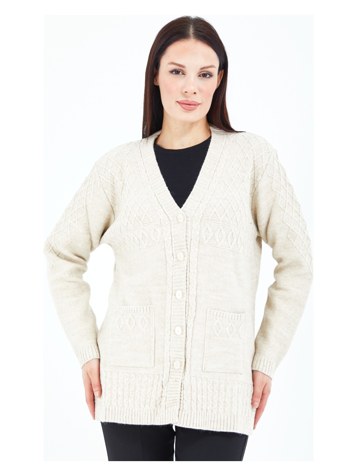 Stilmony Kadın Gri Düğmeli Yün Anne Triko Kısa Hırka - Görsel 4