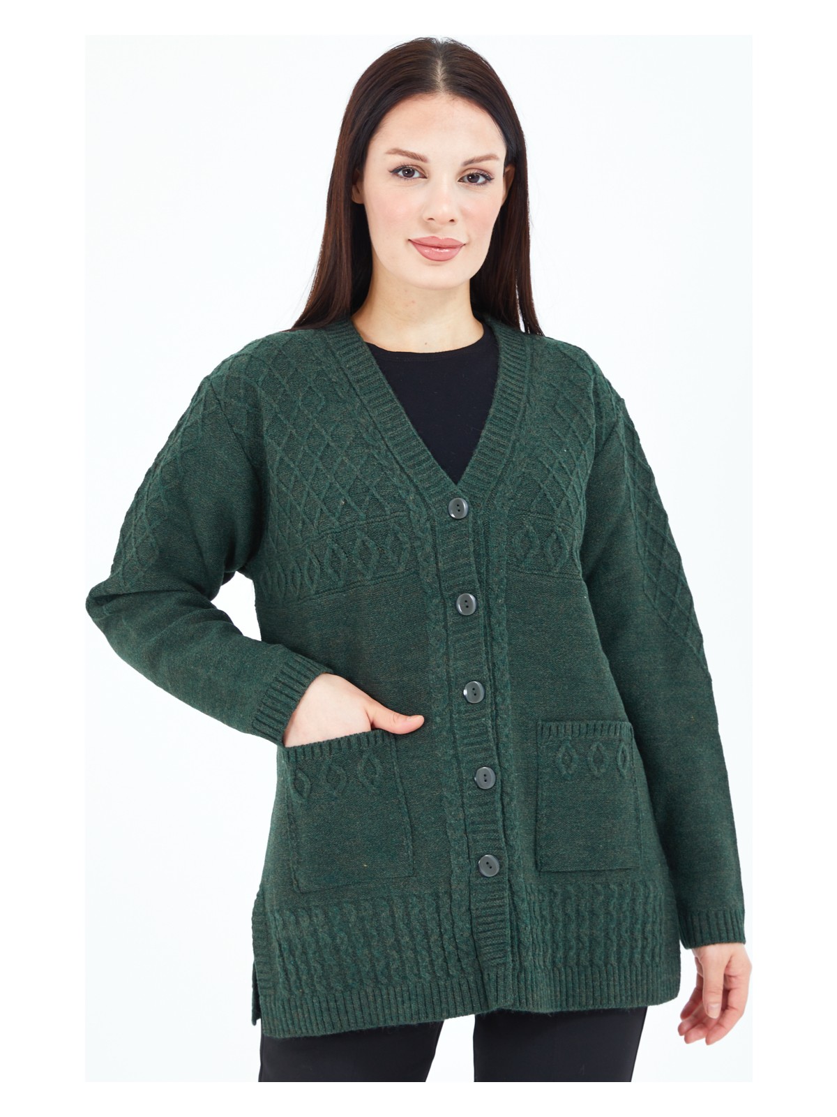 Stilmony Kadın Gri Düğmeli Yün Anne Triko Kısa Hırka - Görsel 5