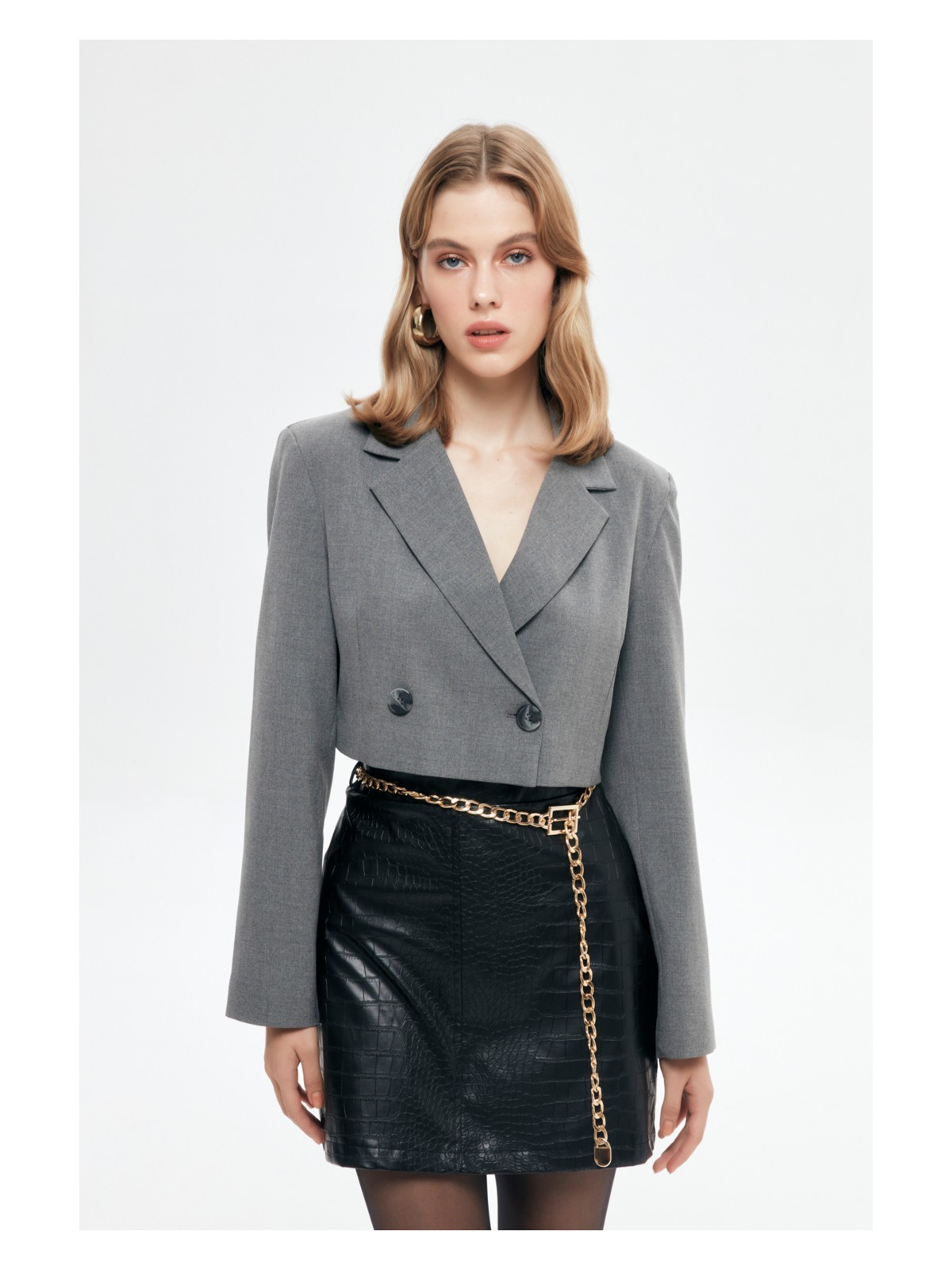 Quzu Vatka Detaylı Crop Blazer Ceket Gri