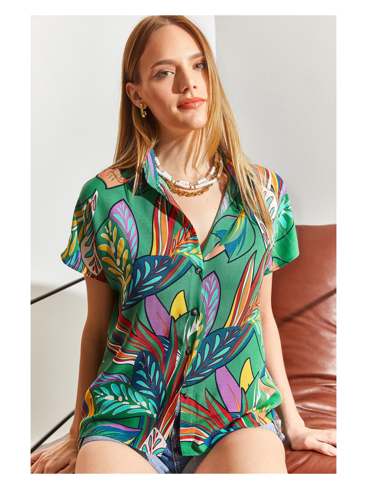 Shade Multi Desenli Yarasa Kol Viskon Gömlek