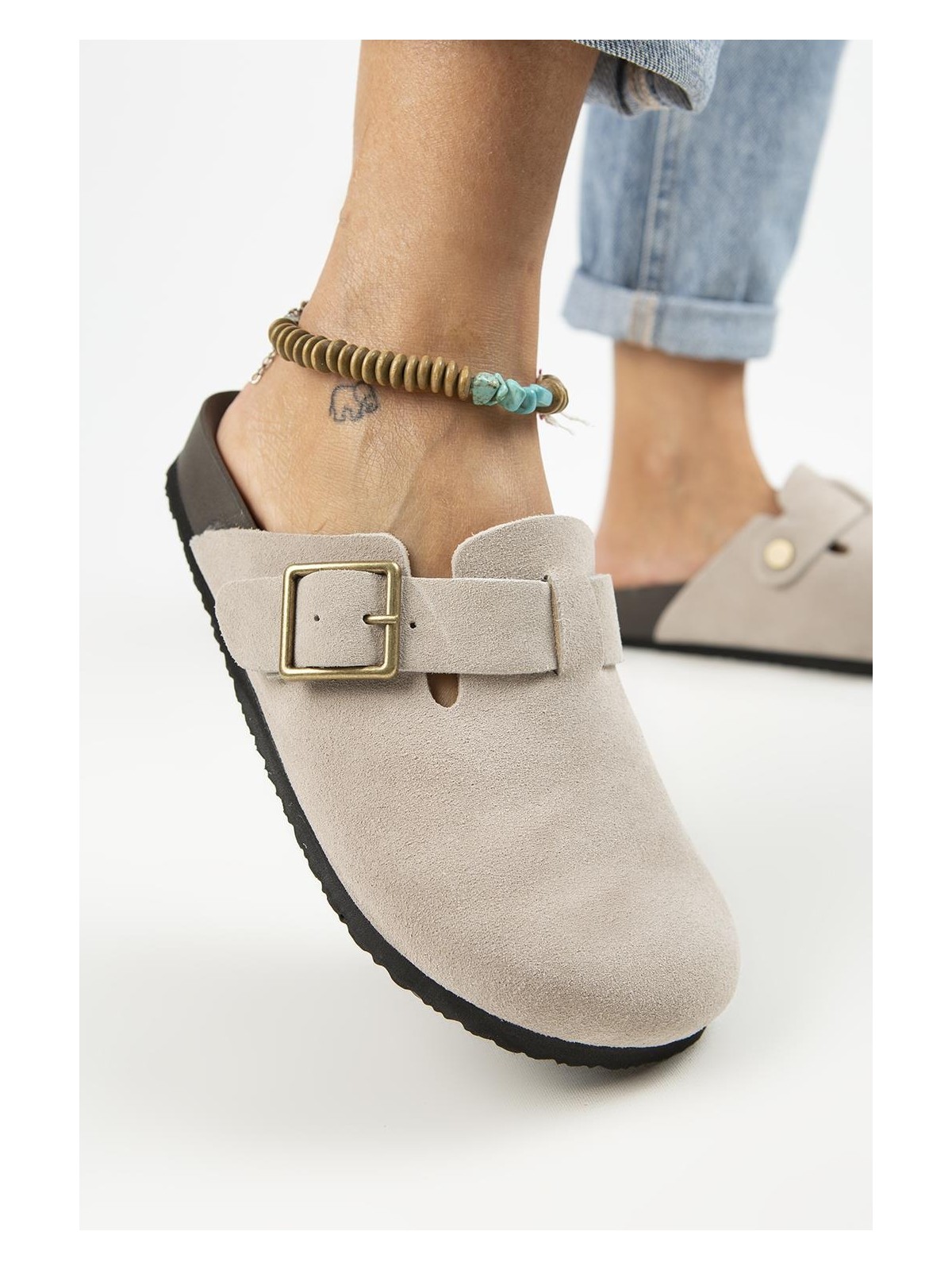 Manijero Zeta 2 Kadın Deri Deri Kemerli Tokalı Sabo Vizon Terlik - Görsel 4