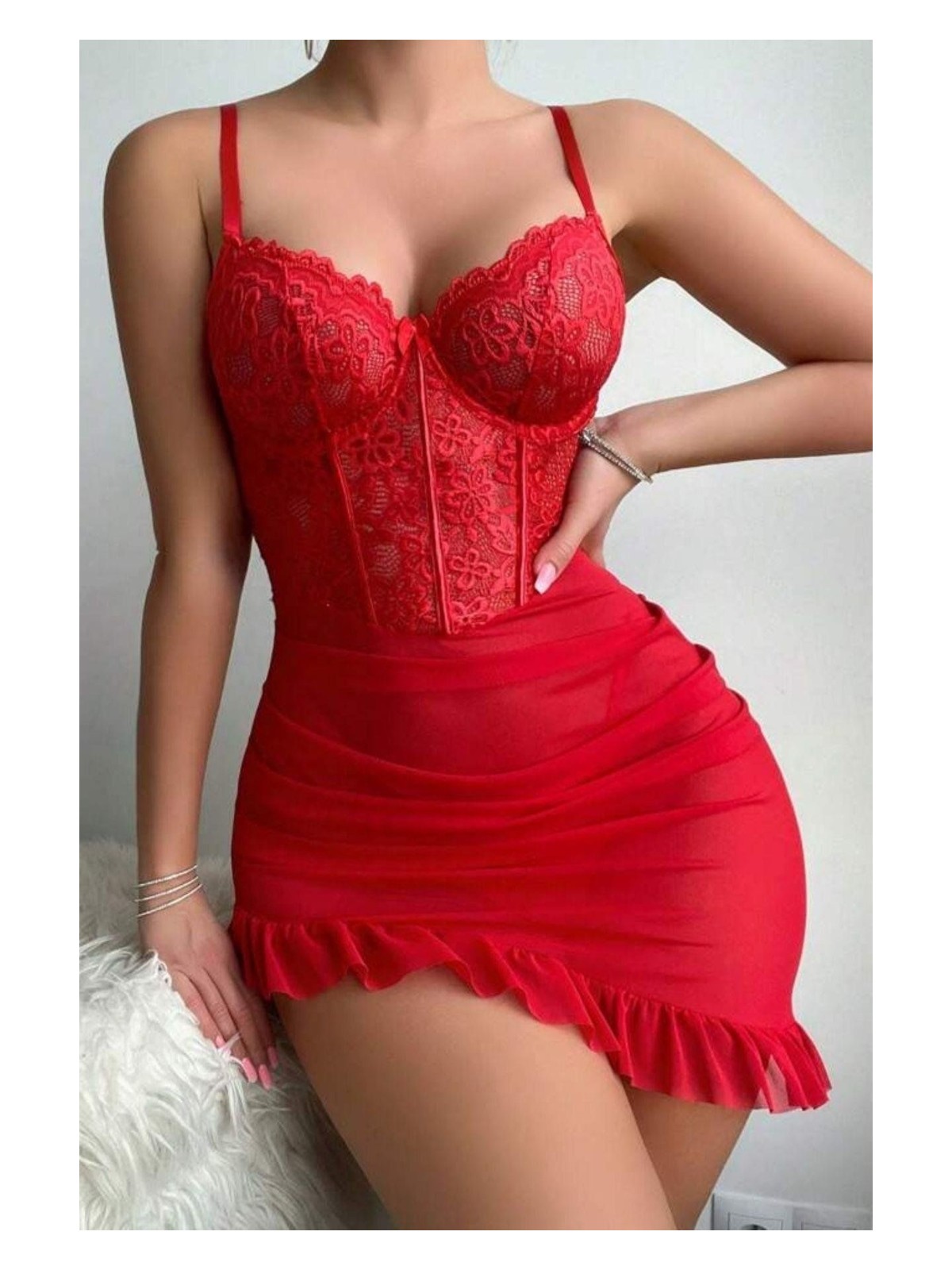 Bella Notte 2 Parça Siyah Balen Telli Fırfırlı Tanga ve Gecelik - Görsel 3