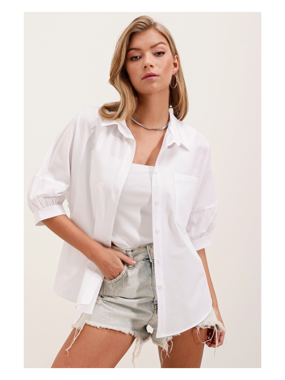 Bigdart 20213 Oversize Kısa Kol Basic Gömlek - Bebe Mavi - Görsel 3