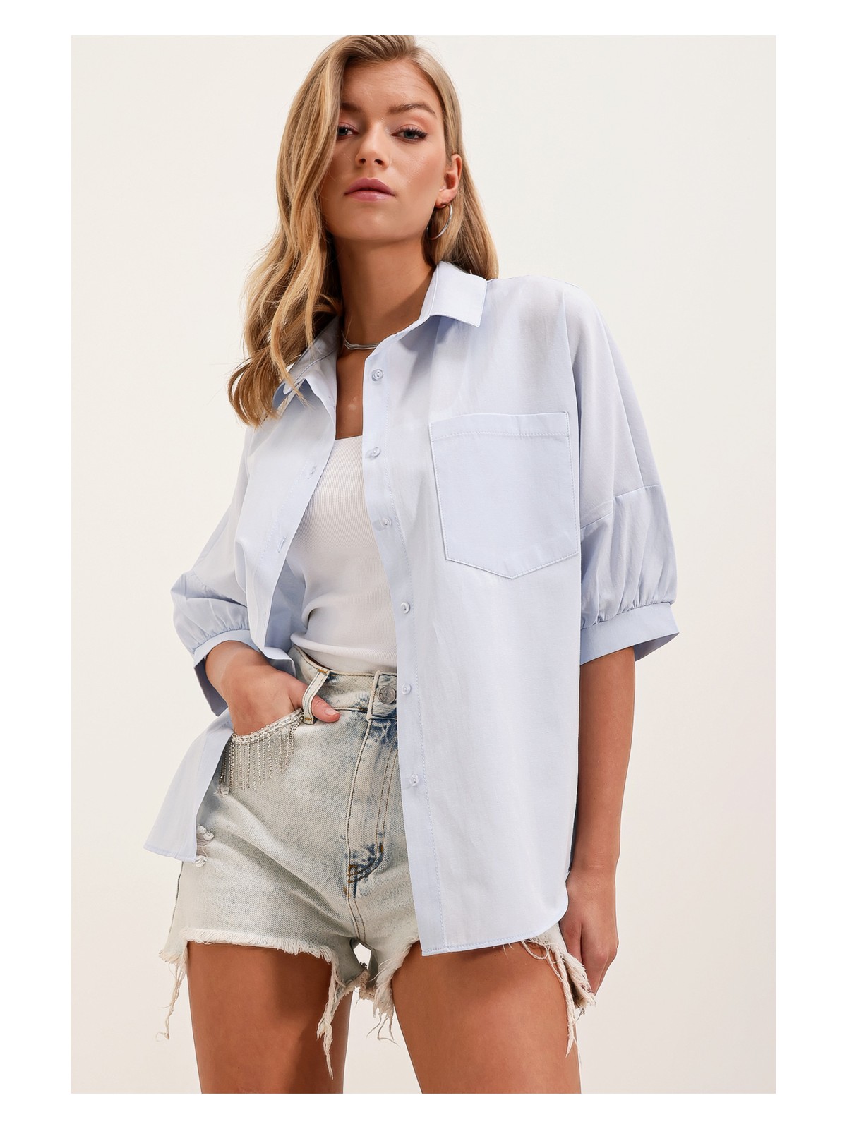 Bigdart 20213 Oversize Kısa Kol Basic Gömlek - Bebe Mavi