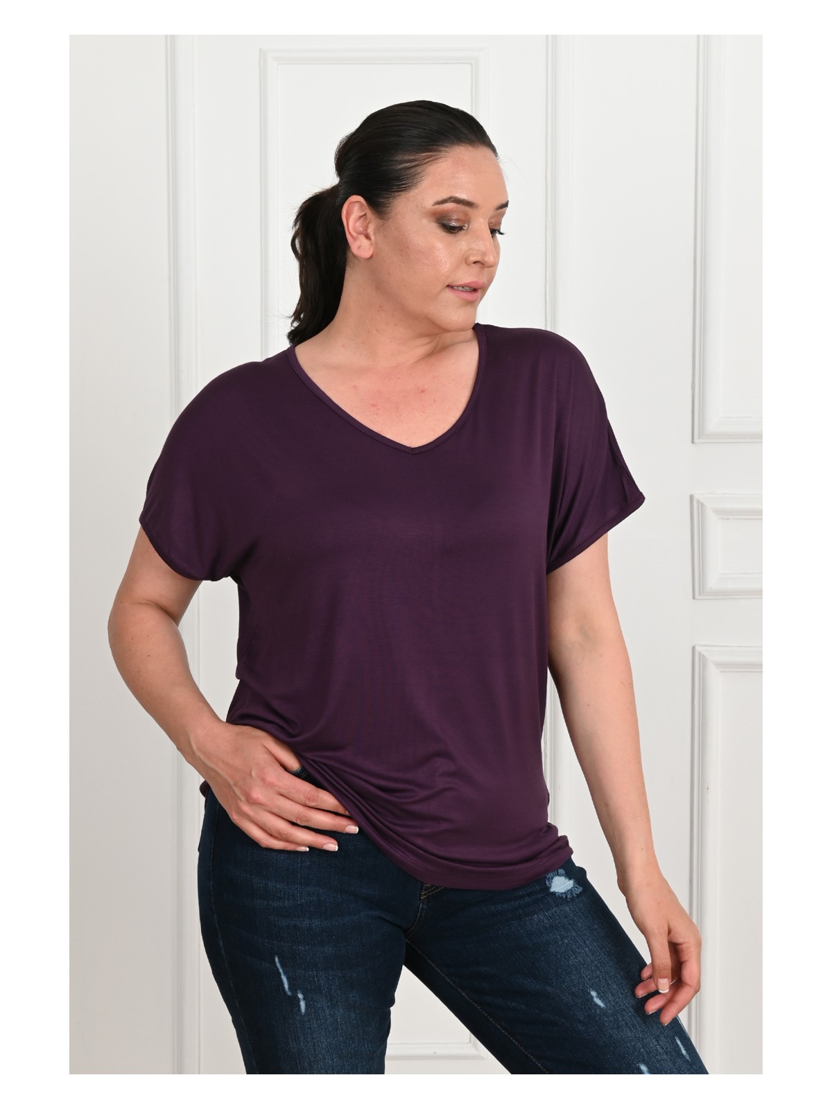Koza Kadın V Yaka Büyük Beden T-Shirt 1486-23 - Görsel 4
