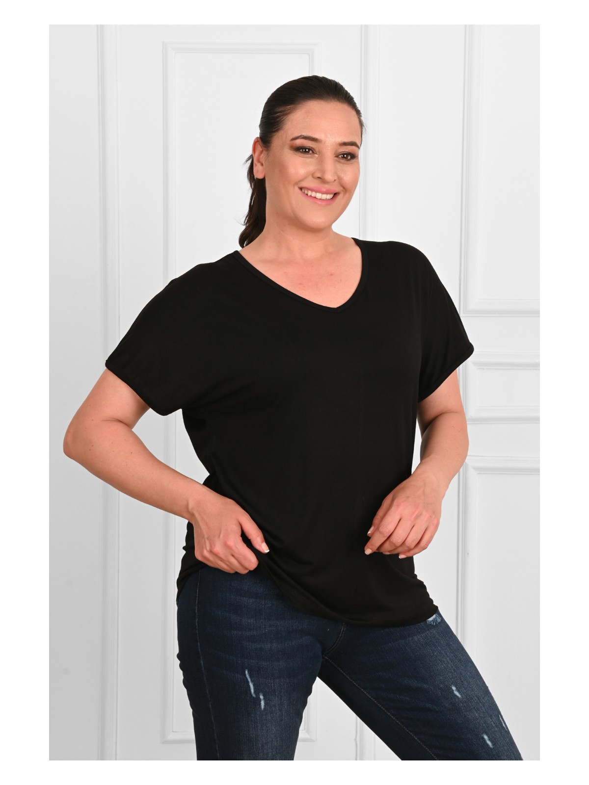 Koza Kadın V Yaka Büyük Beden T-Shirt 1486-23