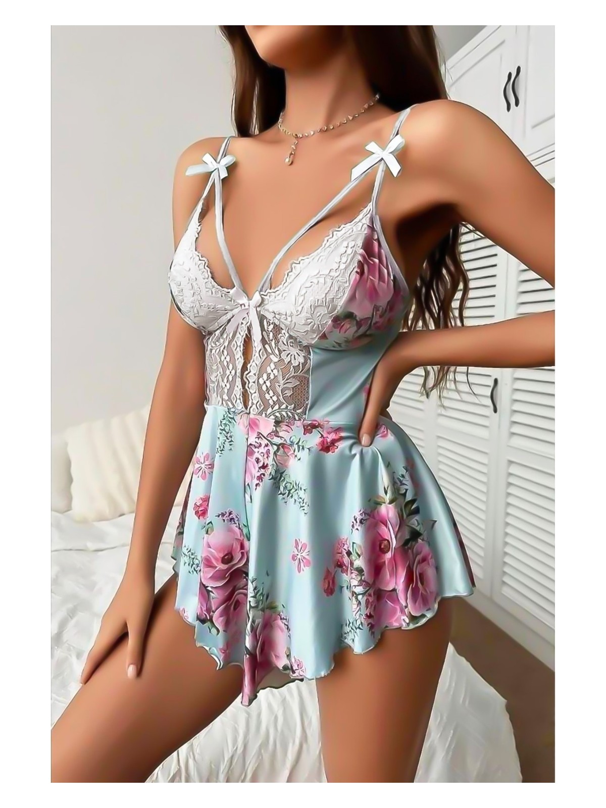 Bella Notte Romantik Beyaz Çiçek Desenli Tulum Gecelik - Görsel 4