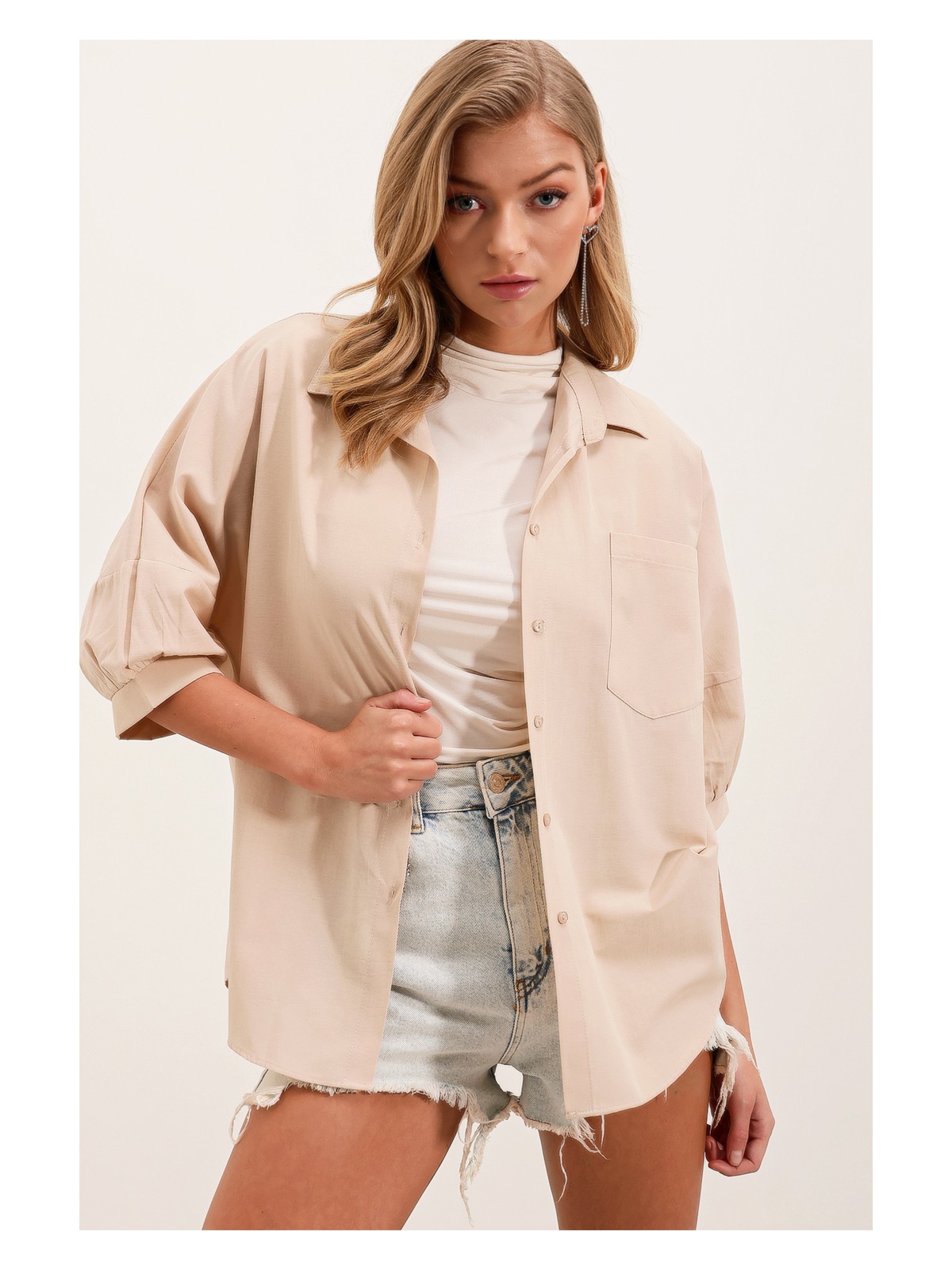 Bigdart 20213 Oversize Kısa Kol Basic Gömlek - Bebe Mavi - Görsel 5