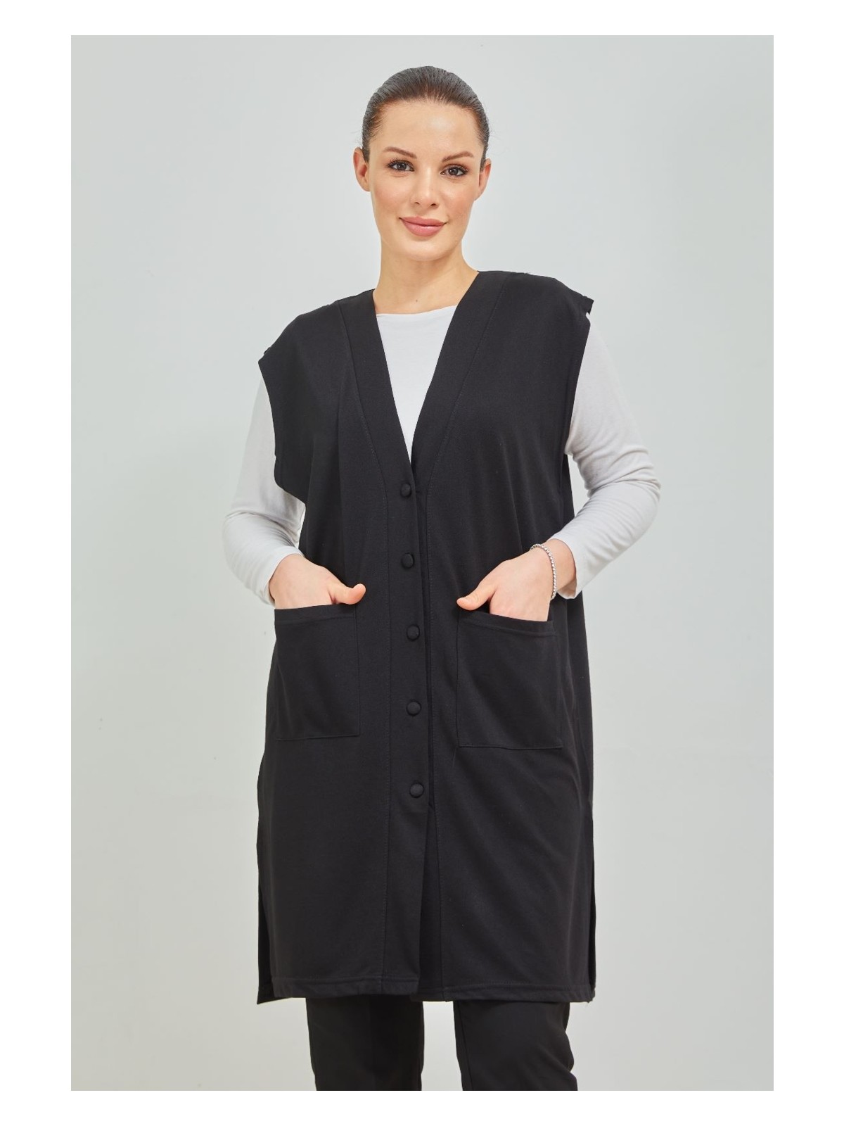 Stilmony Kadın Siyah Uzun Cepli Düğmeli Büyük Beden Penye Yelek