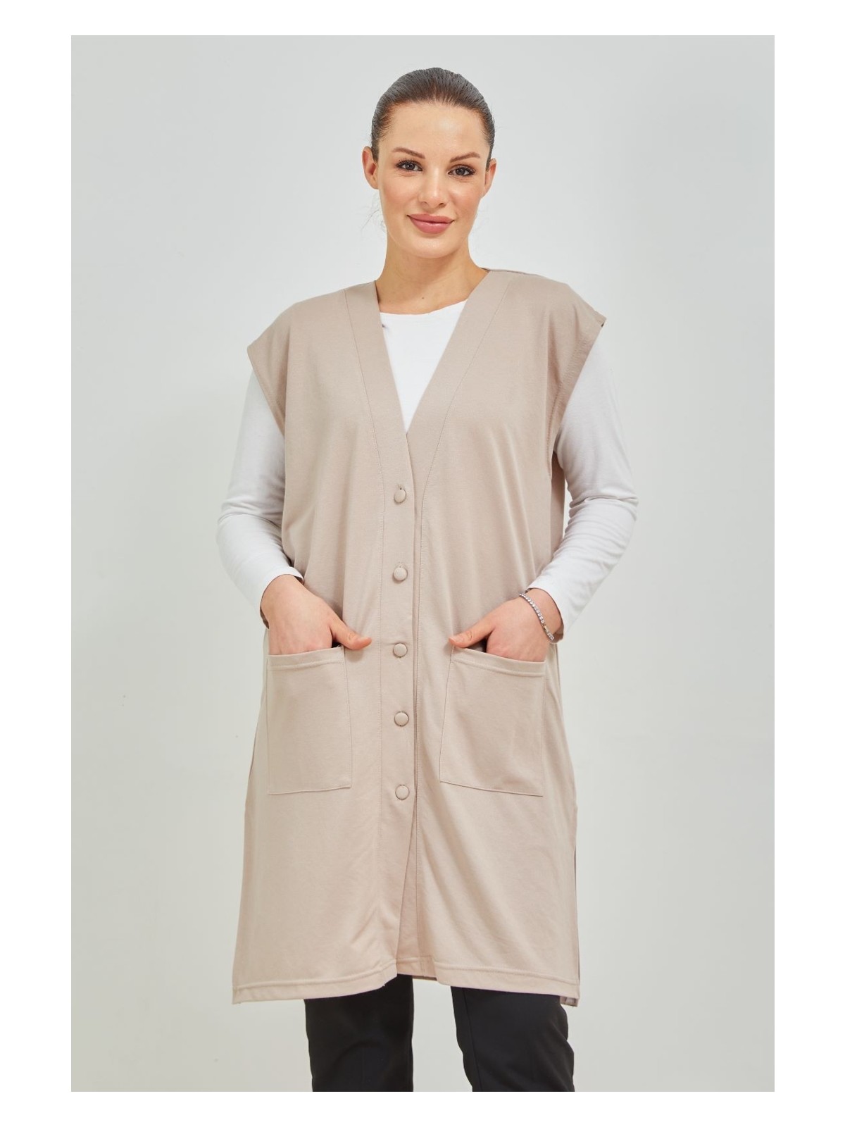 Stilmony Kadın Siyah Uzun Cepli Düğmeli Büyük Beden Penye Yelek - Görsel 3