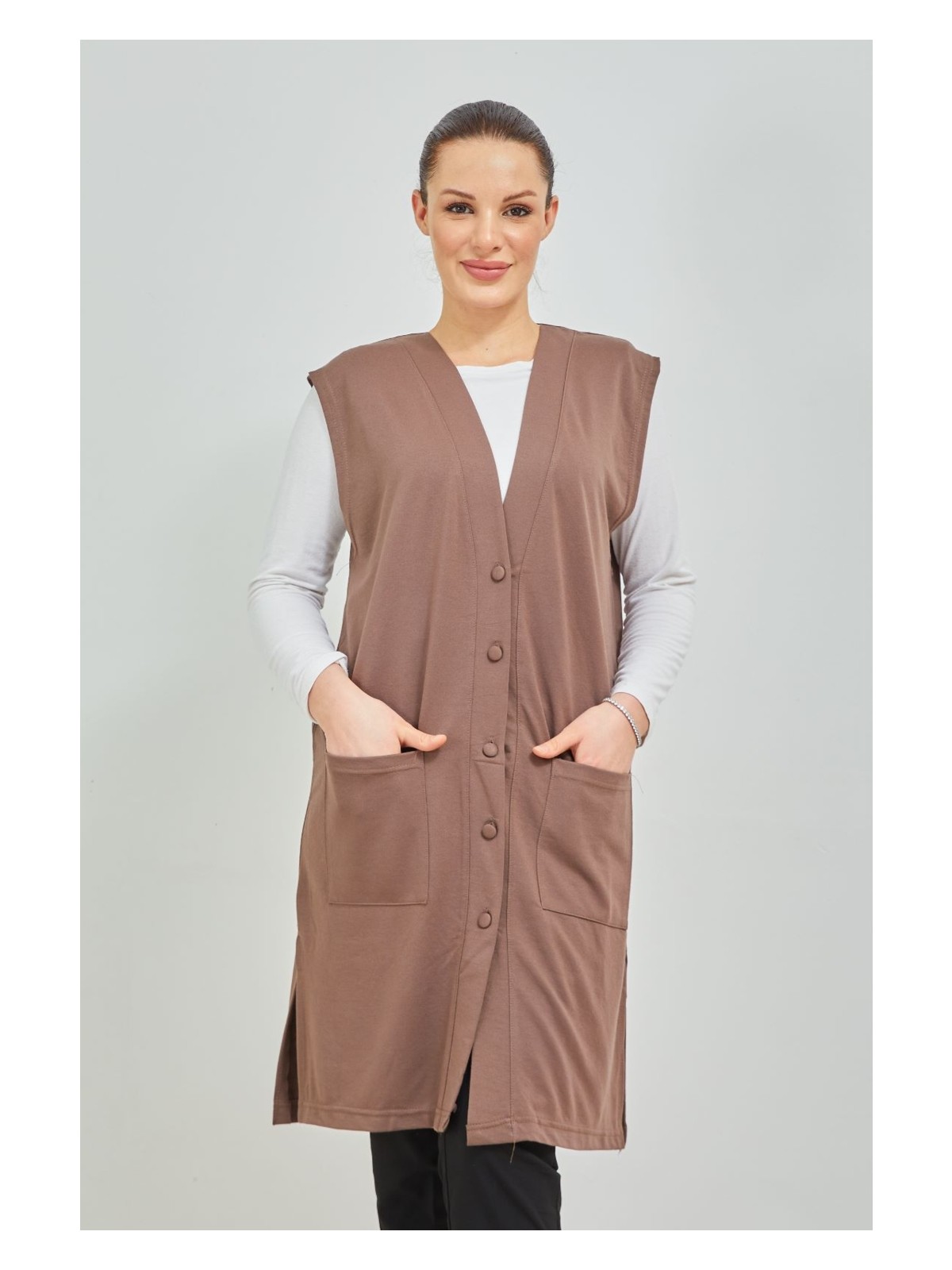 Stilmony Kadın Siyah Uzun Cepli Düğmeli Büyük Beden Penye Yelek - Görsel 6