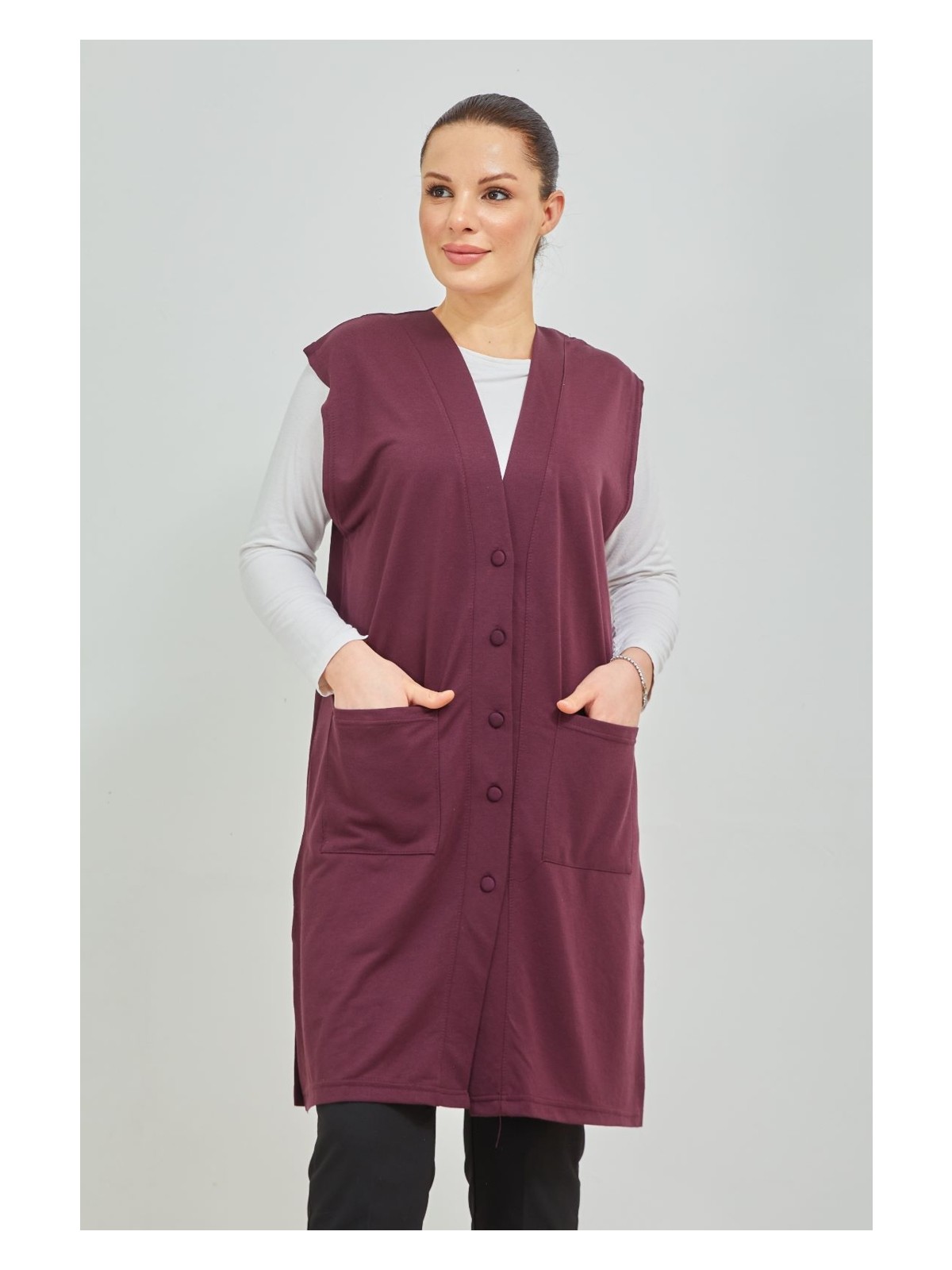 Stilmony Kadın Siyah Uzun Cepli Düğmeli Büyük Beden Penye Yelek - Görsel 5