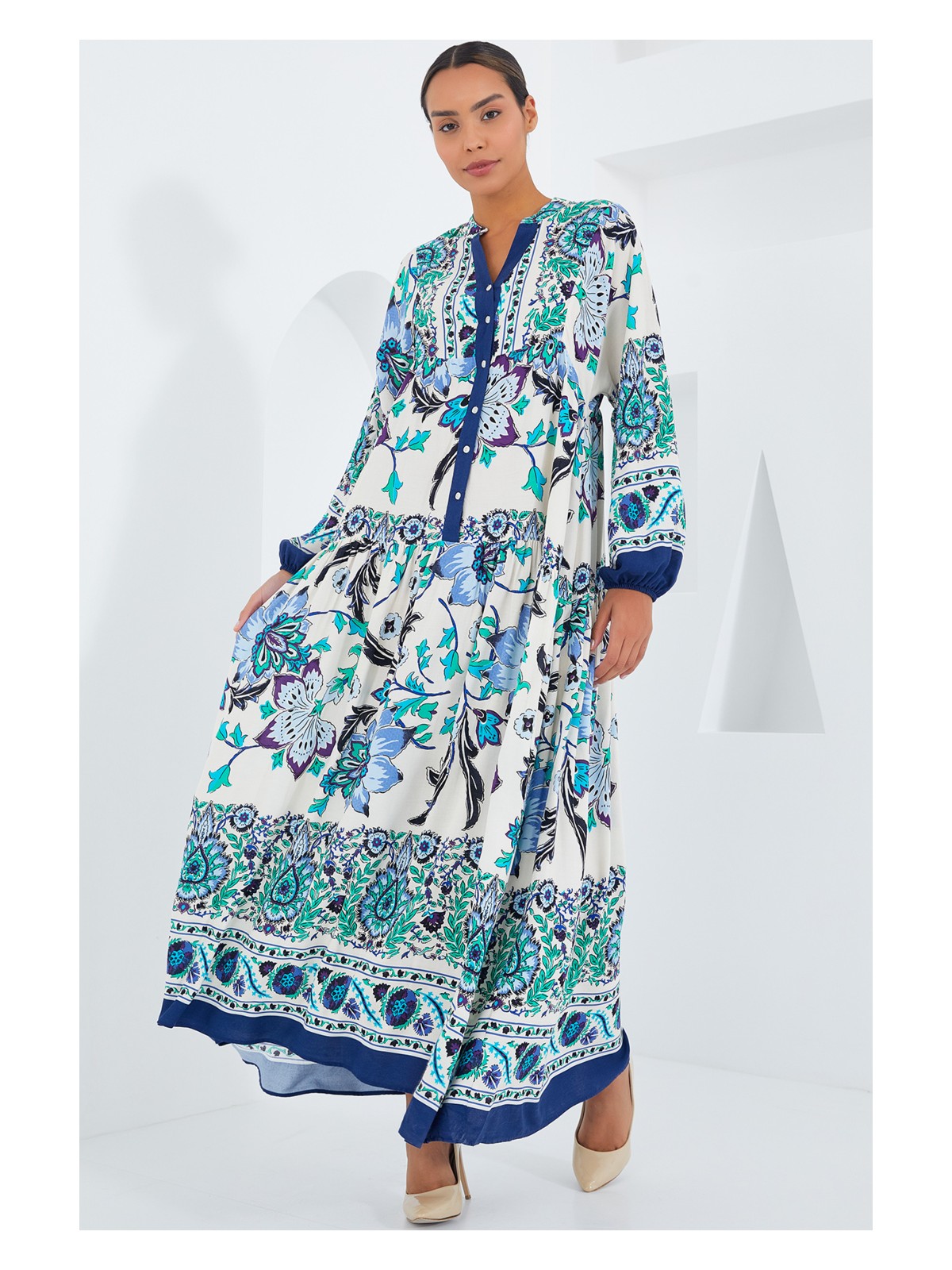 Bigdart Kadın Lacivert Yeşil Viskon Tesettür Elbise 2423