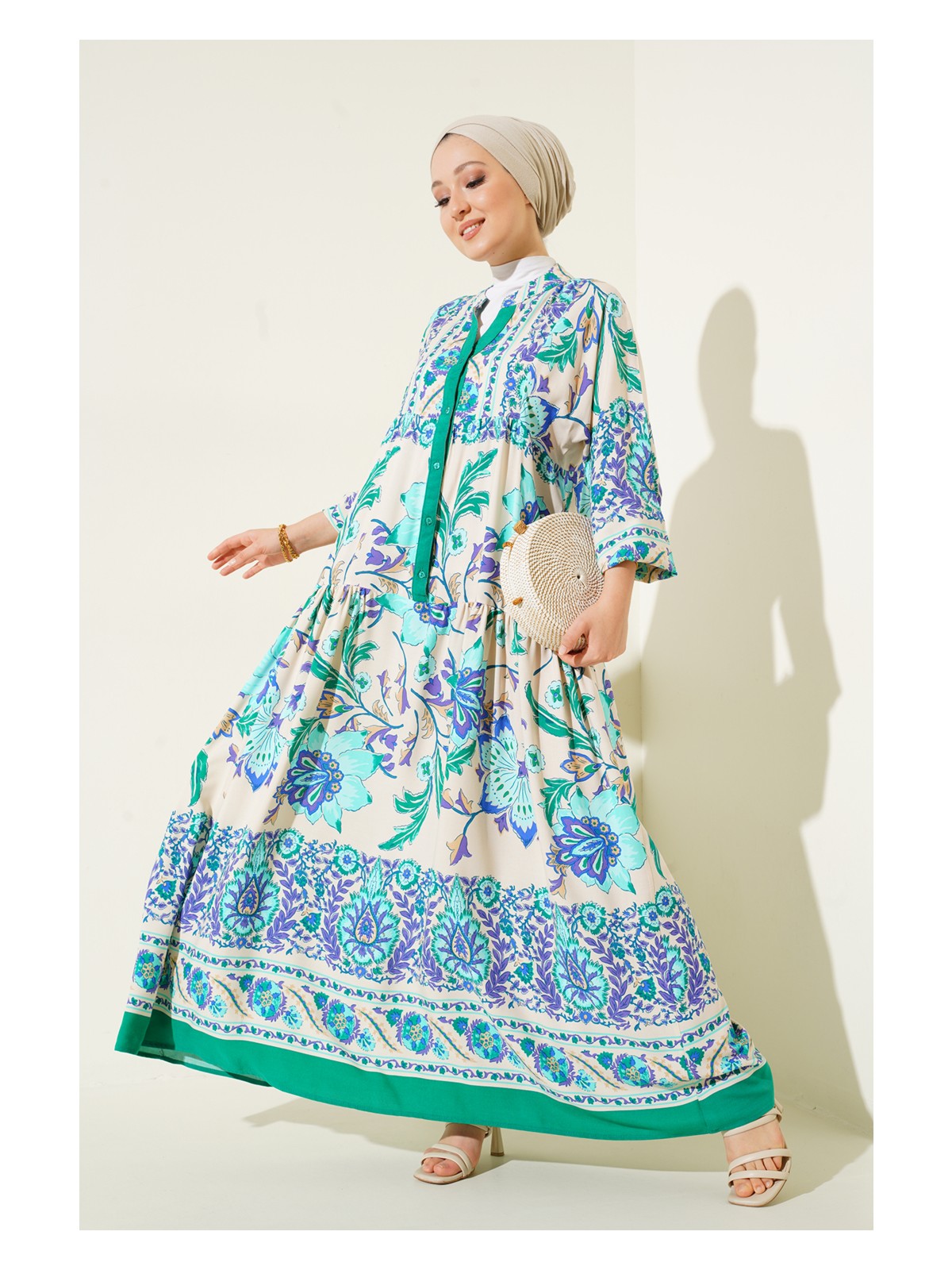 Bigdart 2423 Otantik Desenli Elbise - Y.yeşil