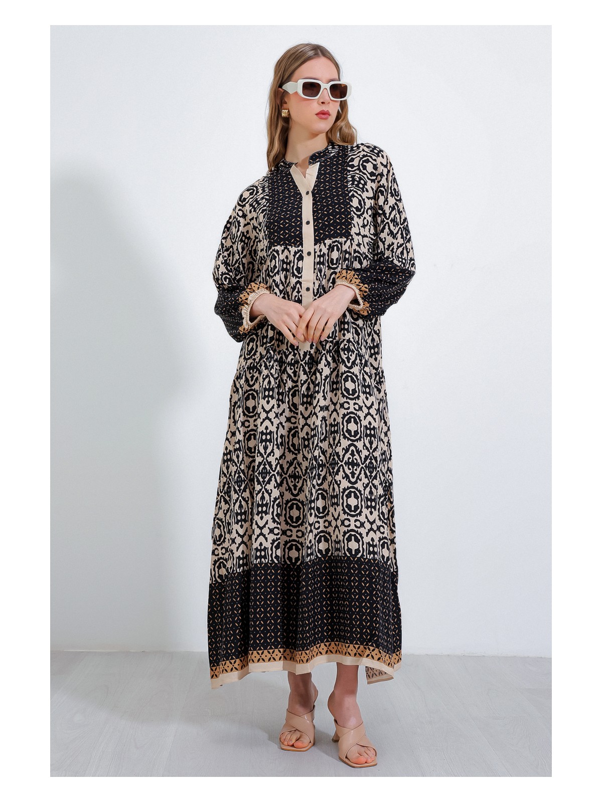 Bigdart Kadın Siyah Krem Desenli Viskon Tesettür Elbise 2423