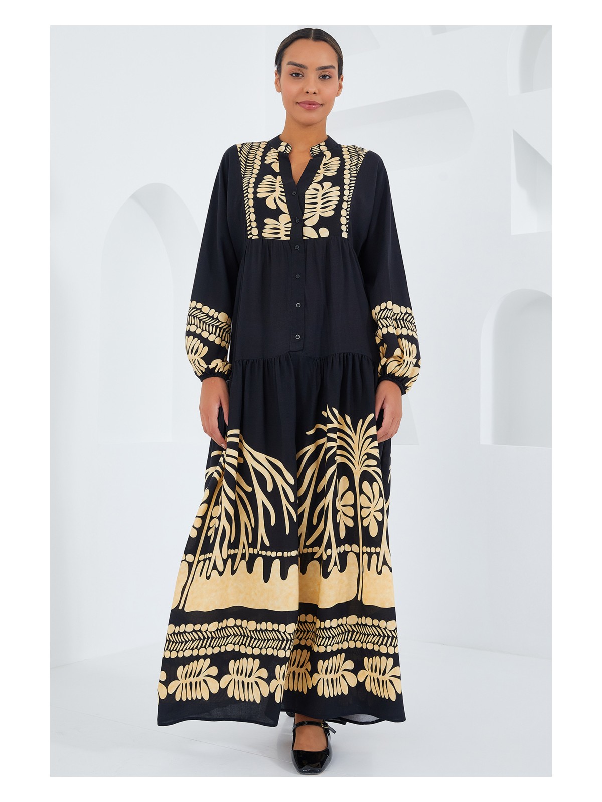 Bigdart Kadın Siyah Hardal Viskon Tesettür Elbise 2423