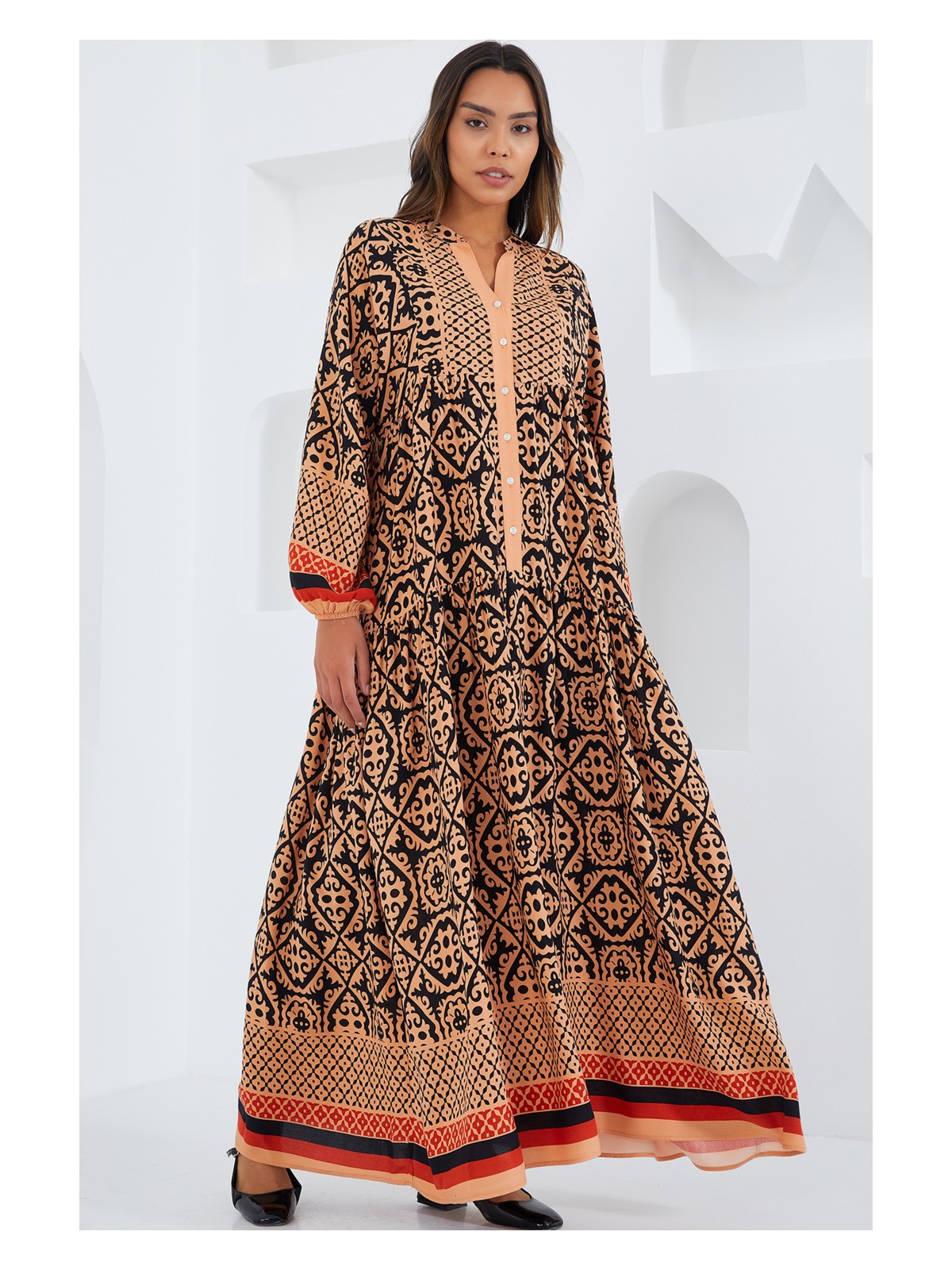 Bigdart Kadın Bej Siyah Viskon Tesettür Elbise 2423