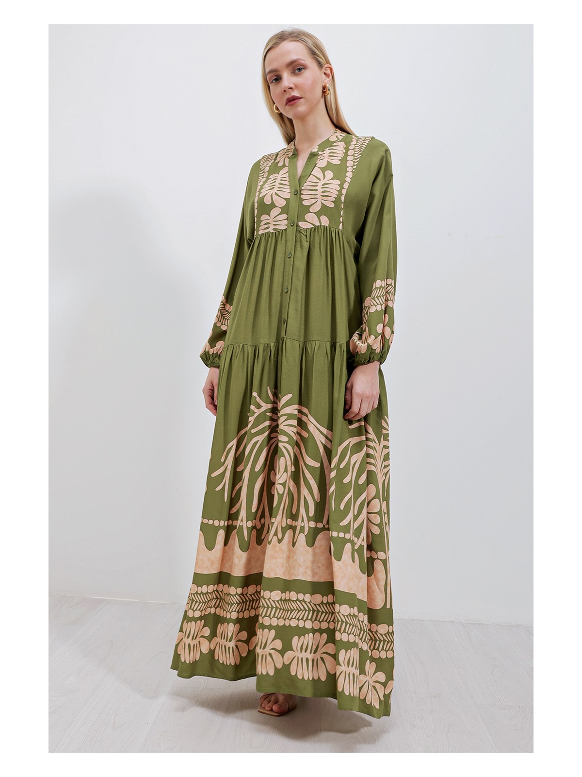 Bigdart 2423 Otantik Desenli Elbise - Haki