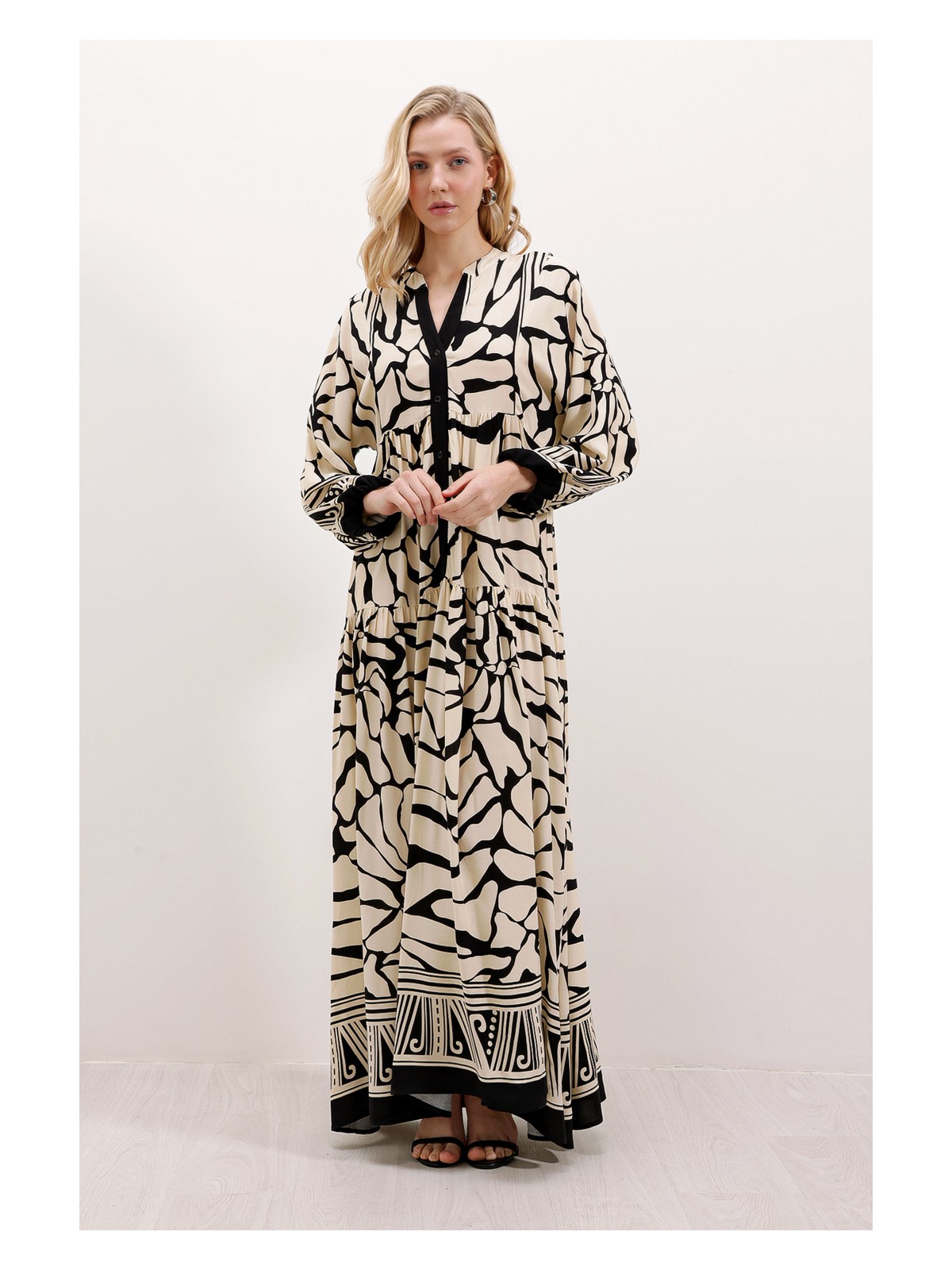 Bigdart 2423 Otantik Desenli Elbise - C.siyah