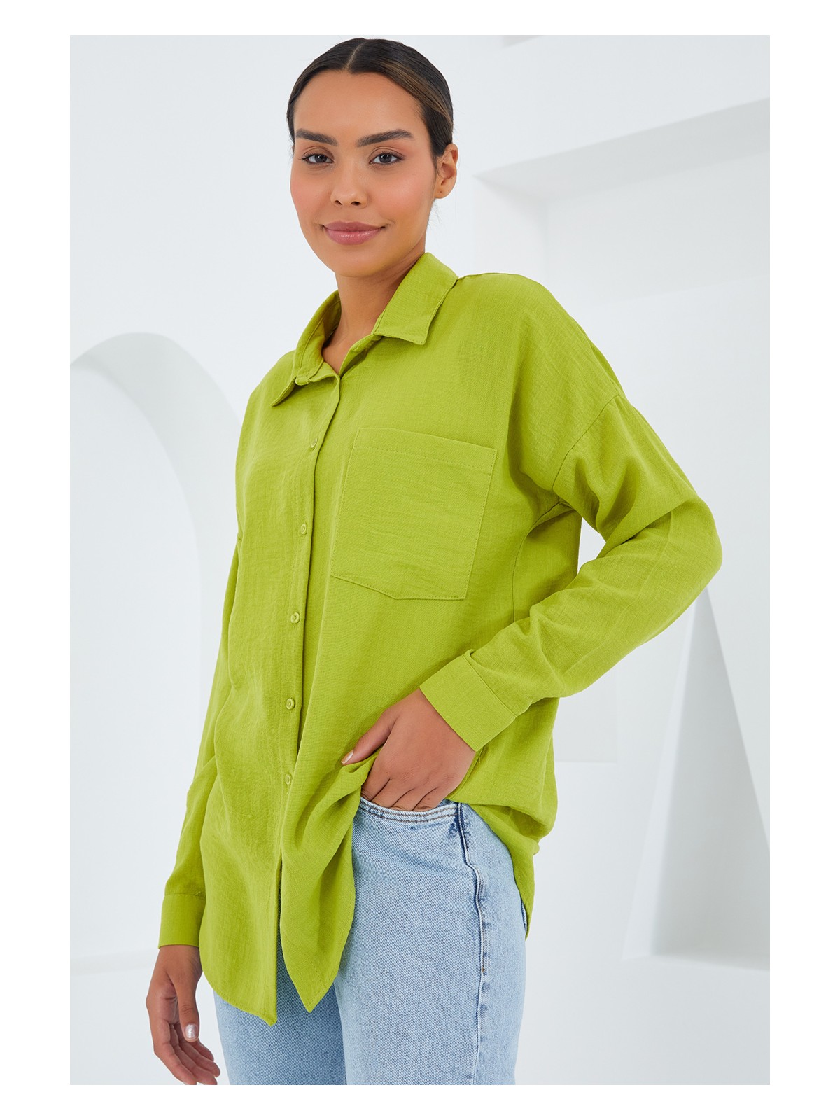 Bigdart 20153 Tek Cepli Oversize Keten Gömlek - Yağ Yeşil