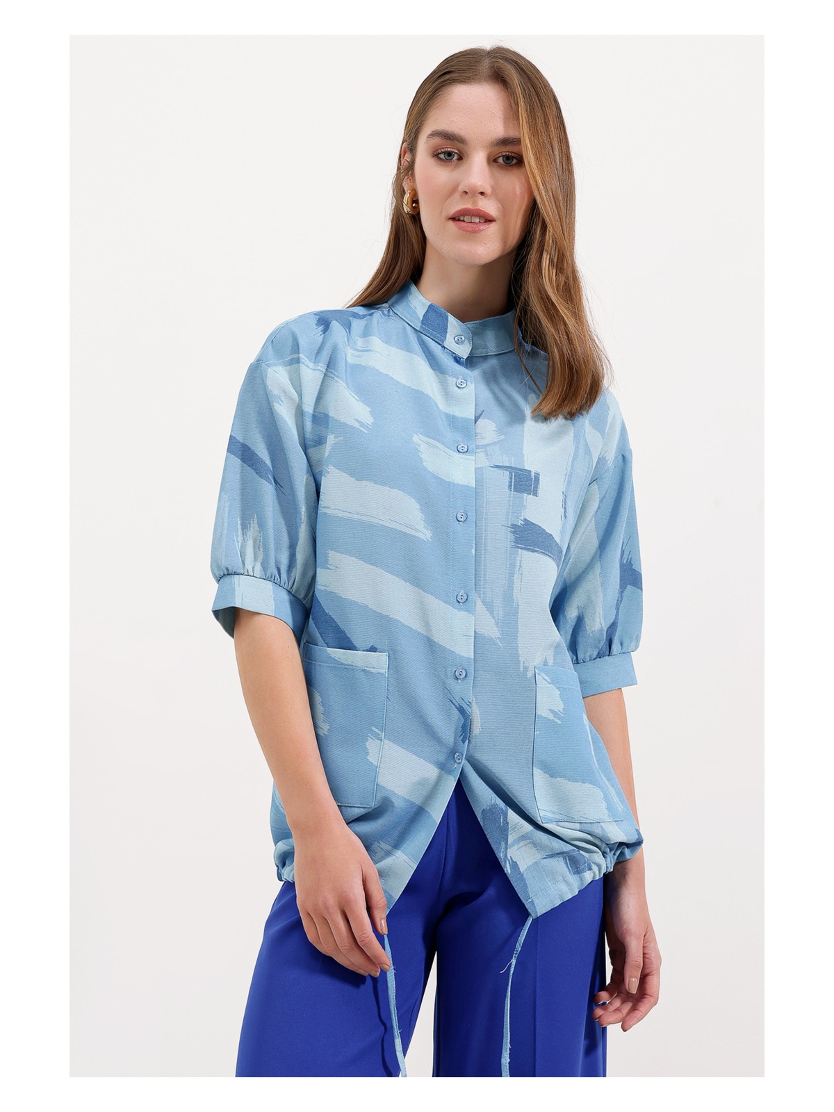 Bigdart 20226 Desenli Oversize Gömlek - Bej - Görsel 4