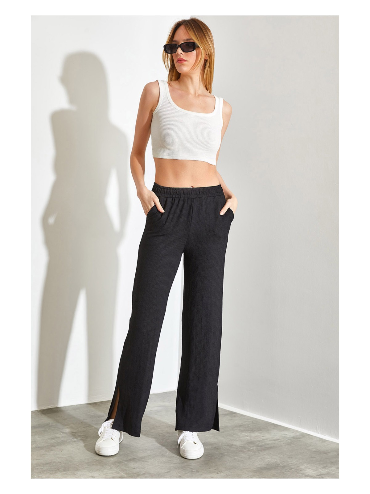 Shade Beli Lastikli Palazzo Yan Yırtmaçlı Pantolon