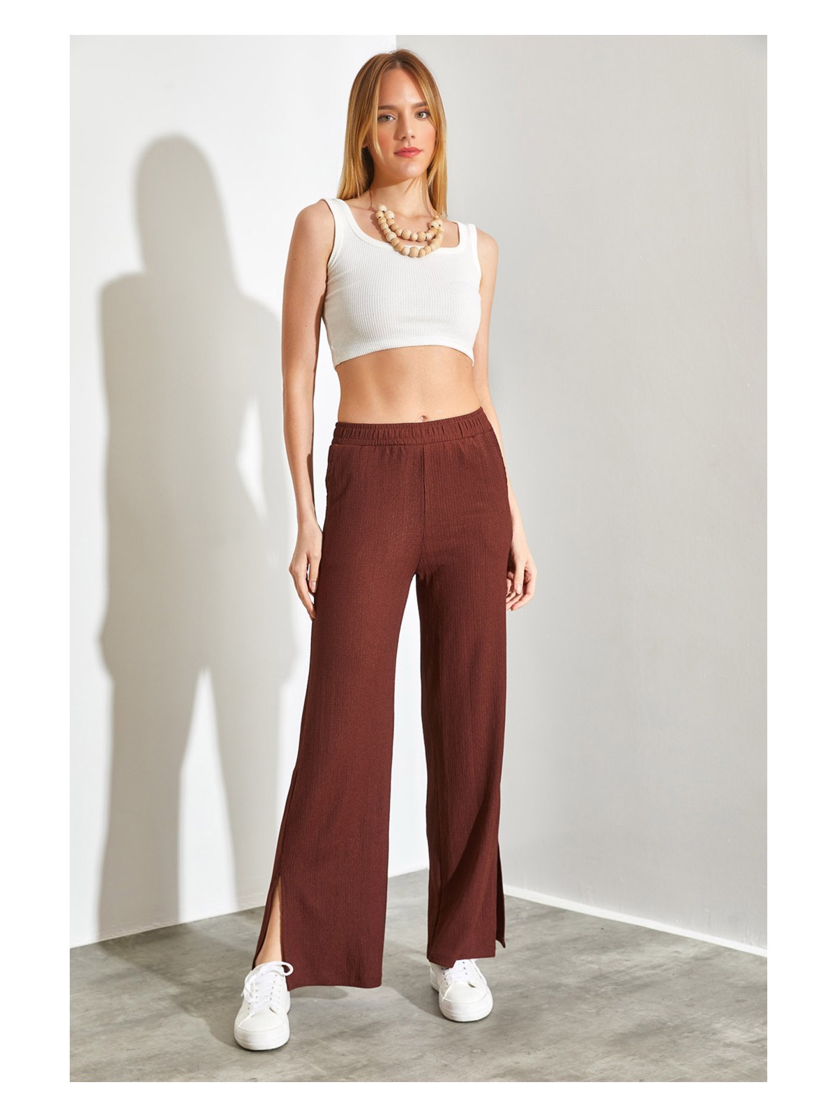 Shade Beli Lastikli Palazzo Yan Yırtmaçlı Pantolon - Görsel 3