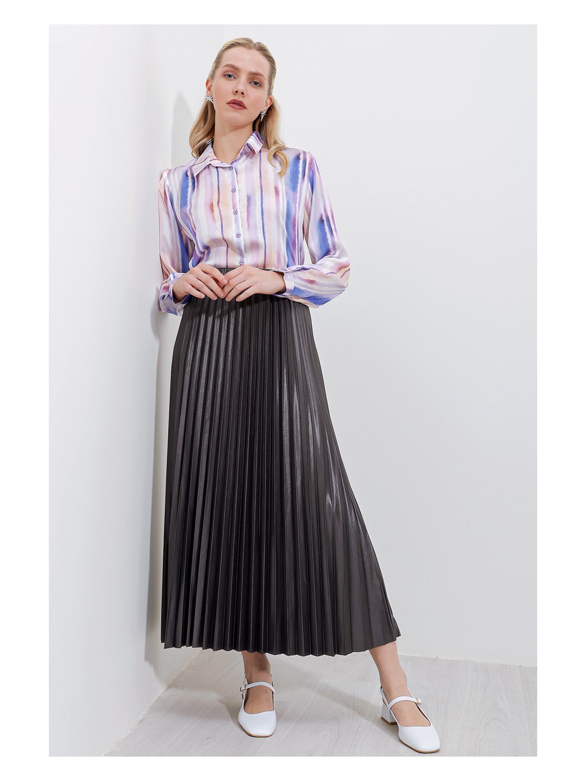 Bigdart 8009 Deri Görünümlü Piliseli Etek - Gri