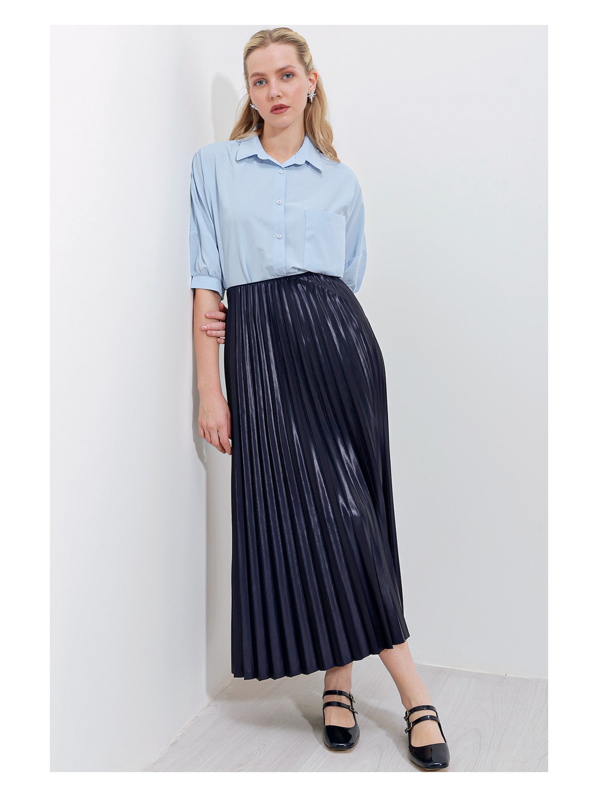 Bigdart 8009 Deri Görünümlü Piliseli Etek - Gri - Görsel 4