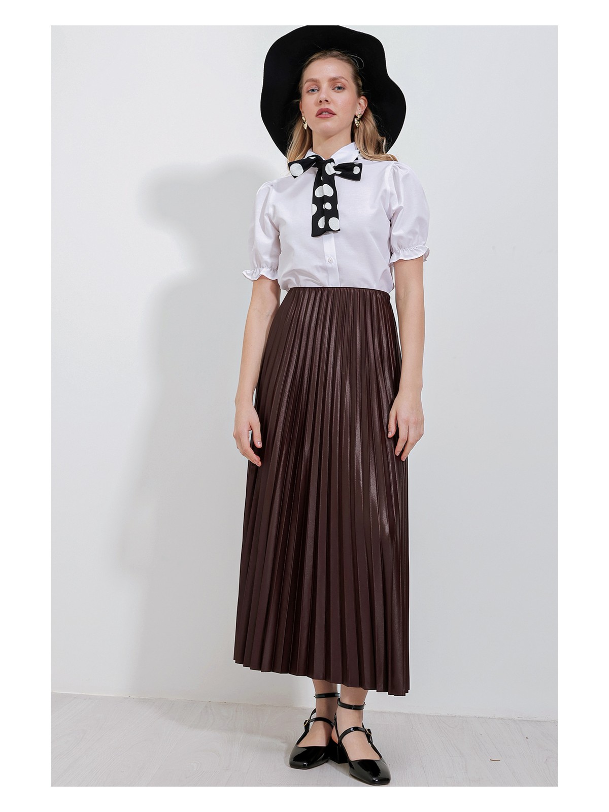 Bigdart 8009 Deri Görünümlü Piliseli Etek - Gri - Görsel 6