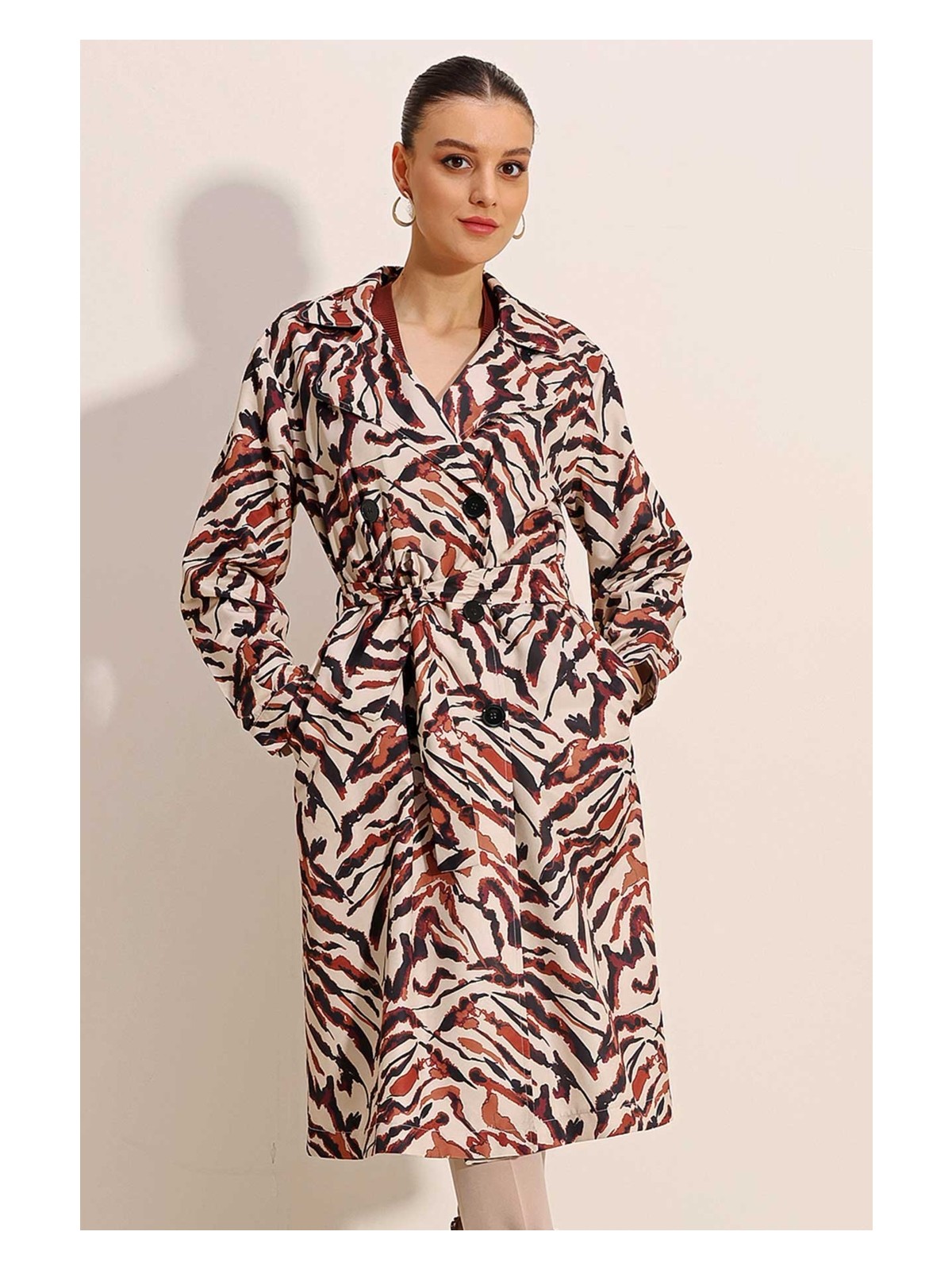 Bigdart 5853 Desenli Kruvaze Yaka Trençkot - C. Bej