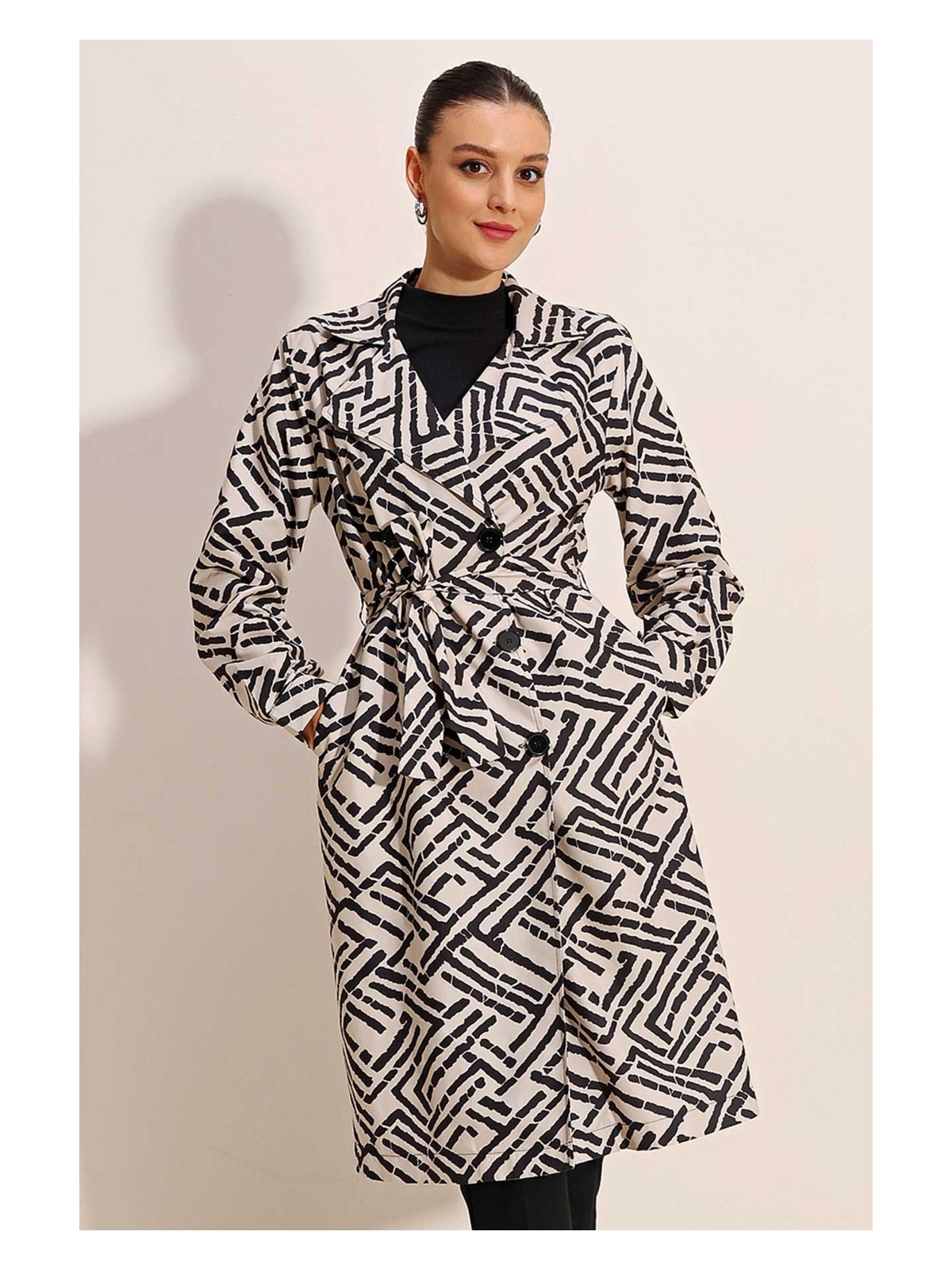 Bigdart 5853 Desenli Kruvaze Yaka Trençkot - C. Bej - Görsel 5