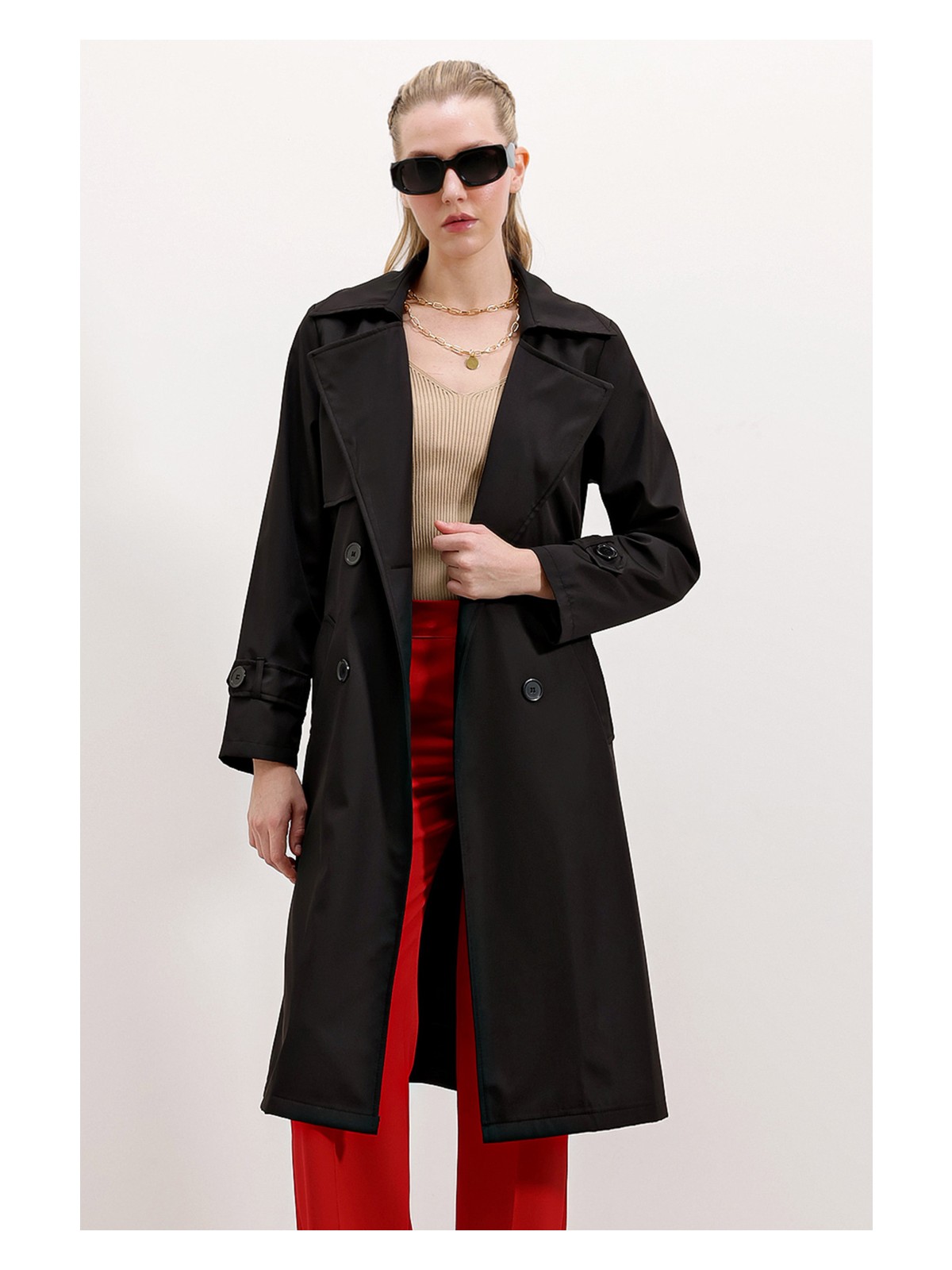 Bigdart Kadın Siyah Kruvaze Yaka Trençkot Polyester Malzeme ile Şık Tasarım