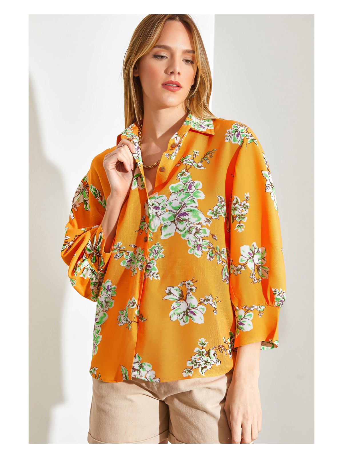 Shade Kadın Çiçek Desenli Salaş Keten Gömlek