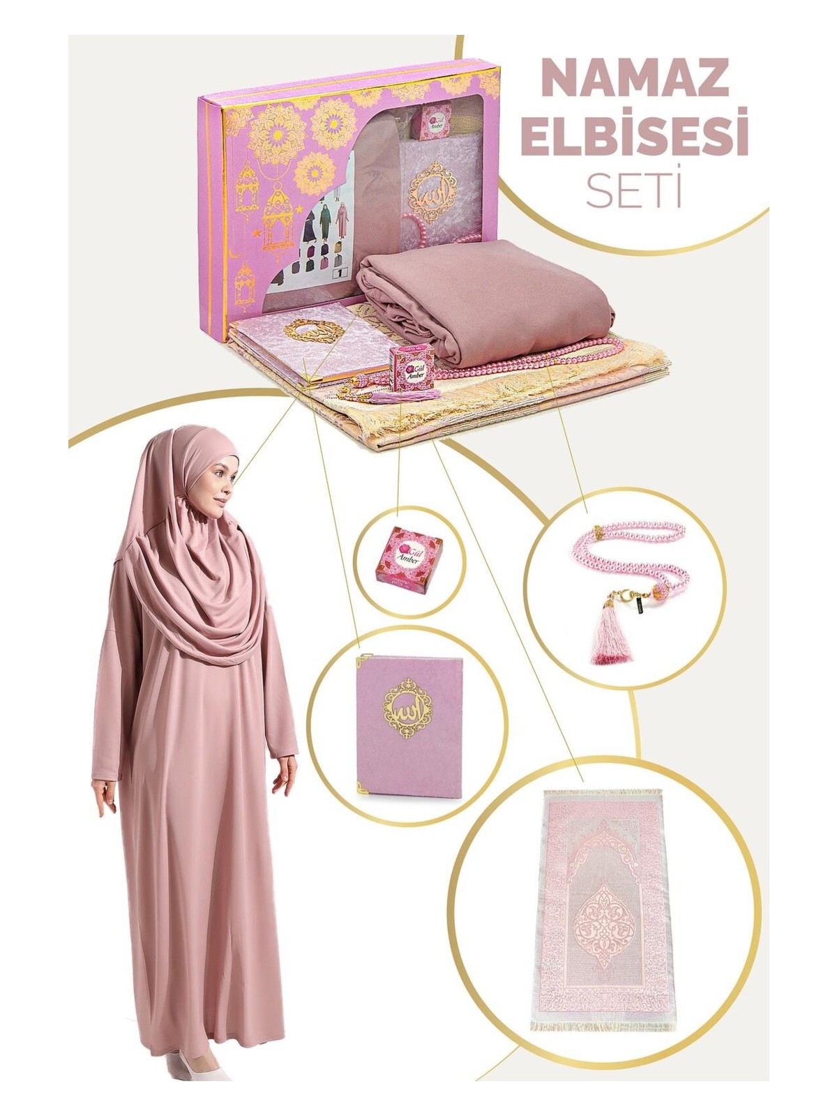 İhvan Online Pratik Başörtülü Tek Parça Namaz Elbisesi ve Seccade Seti Gül Kurusu