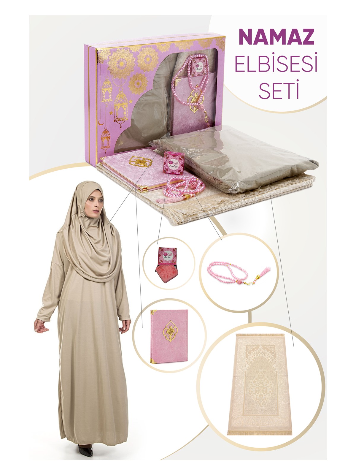 İhvan Online Pratik Başörtülü Tek Parça Namaz Elbisesi ve Seccade Seti Gül Kurusu - Görsel 4